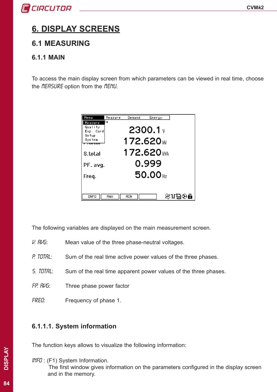 Display screens, 1 measuring, 1 main | System information | CIRCUTOR CVMk2 Series User Manual | Page 84 / 152