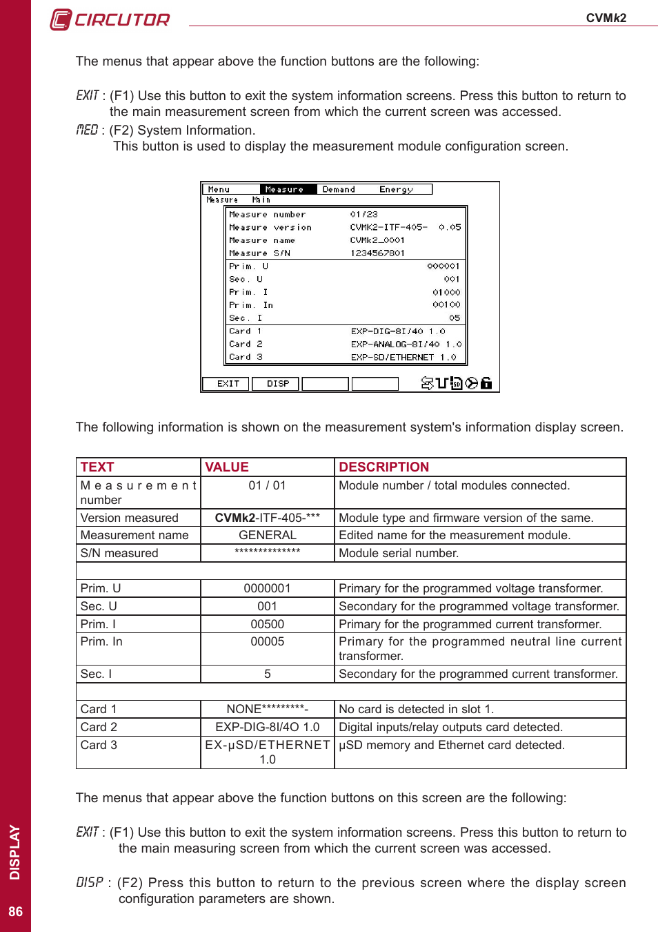 Exit, Disp | CIRCUTOR CVMk2 Series User Manual | Page 86 / 152