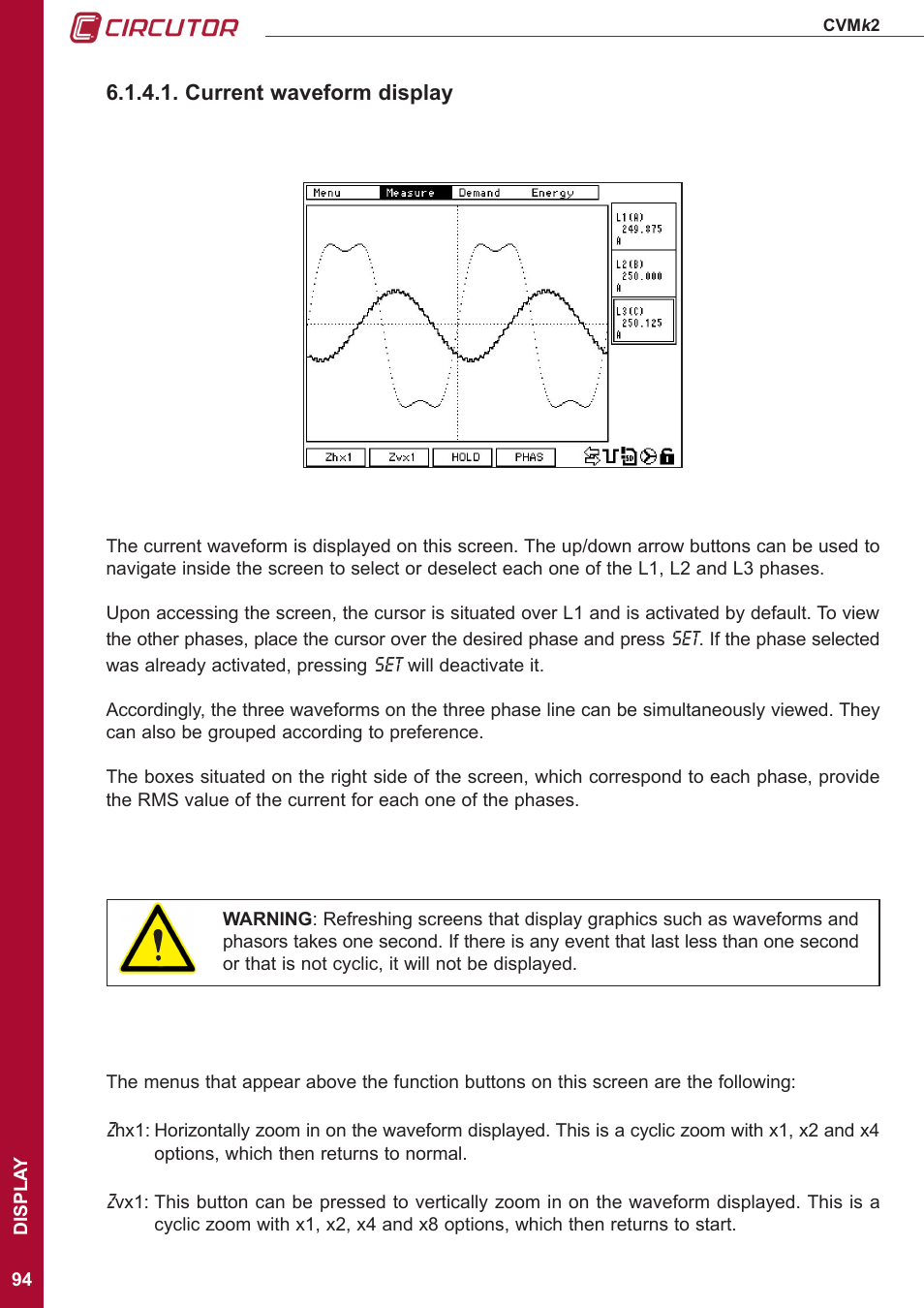 Current waveform display | CIRCUTOR CVMk2 Series User Manual | Page 94 / 152