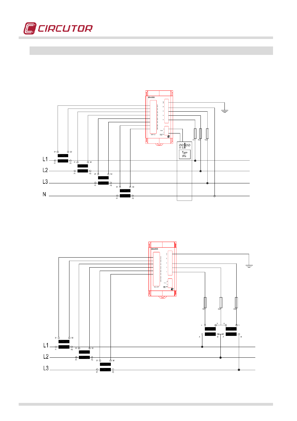 Measurement connection diagrams, 1 current transformers and 5 voltage references, 2 current transformers and 2 voltage transformers | CIRCUTOR QNA500 series User Manual | Page 20 / 111