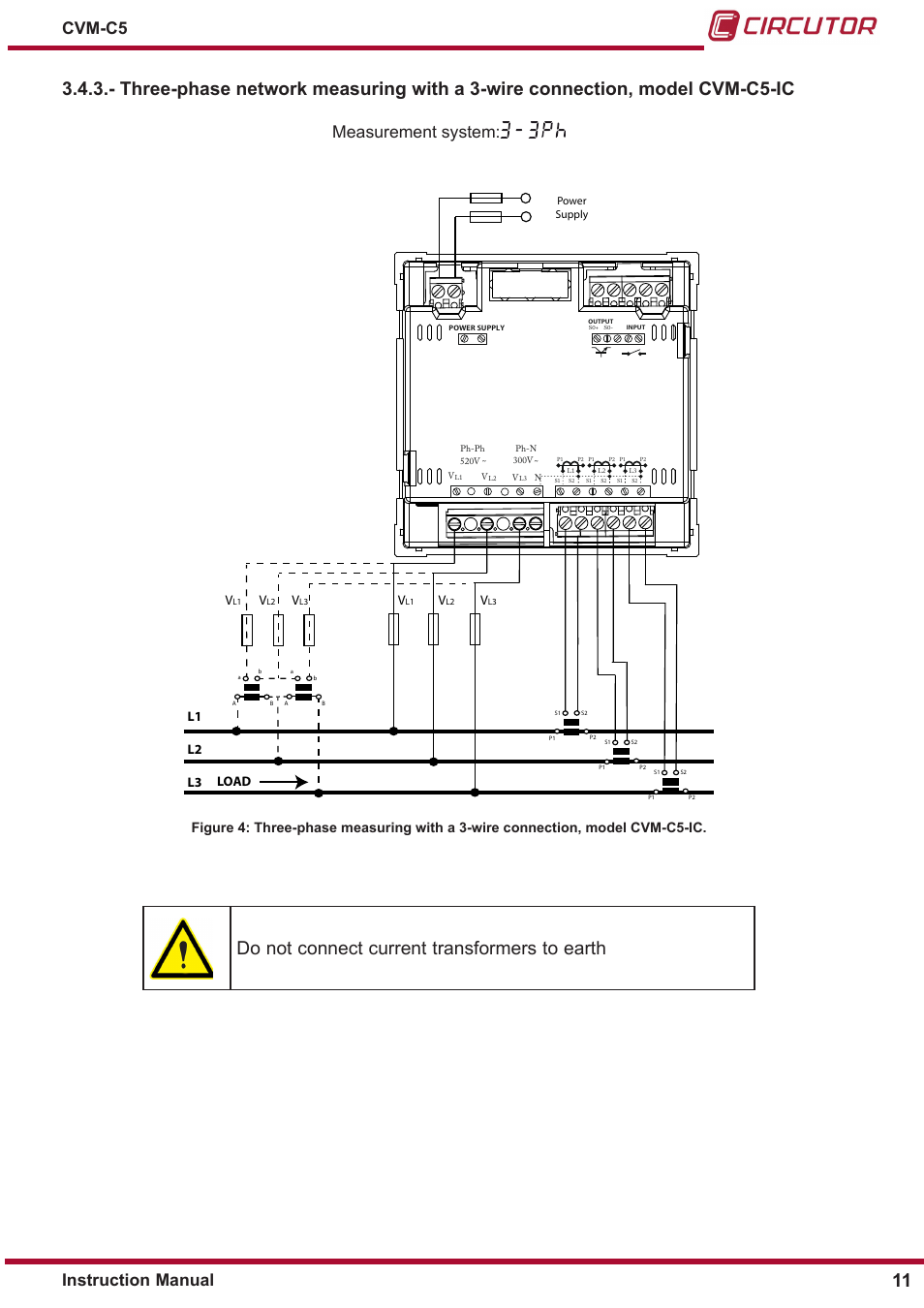Do not connect current transformers to earth 11, Measurement system, Instruction manual cvm-c5 | L1 l2 l3, Load | CIRCUTOR CVM-C5 Series User Manual | Page 11 / 40