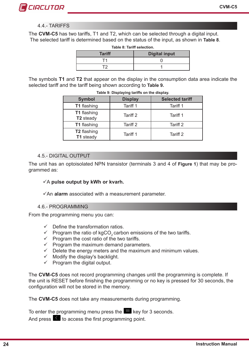 Tariffs, Digital output, Programming | CIRCUTOR CVM-C5 Series User Manual | Page 24 / 40