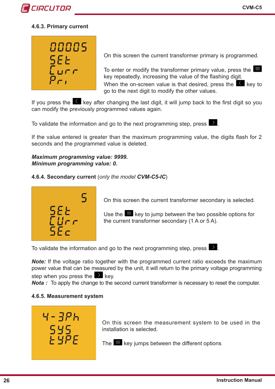 Primary current, Secondary current (only the model cvm-c5-ic), Measurement system | CIRCUTOR CVM-C5 Series User Manual | Page 26 / 40