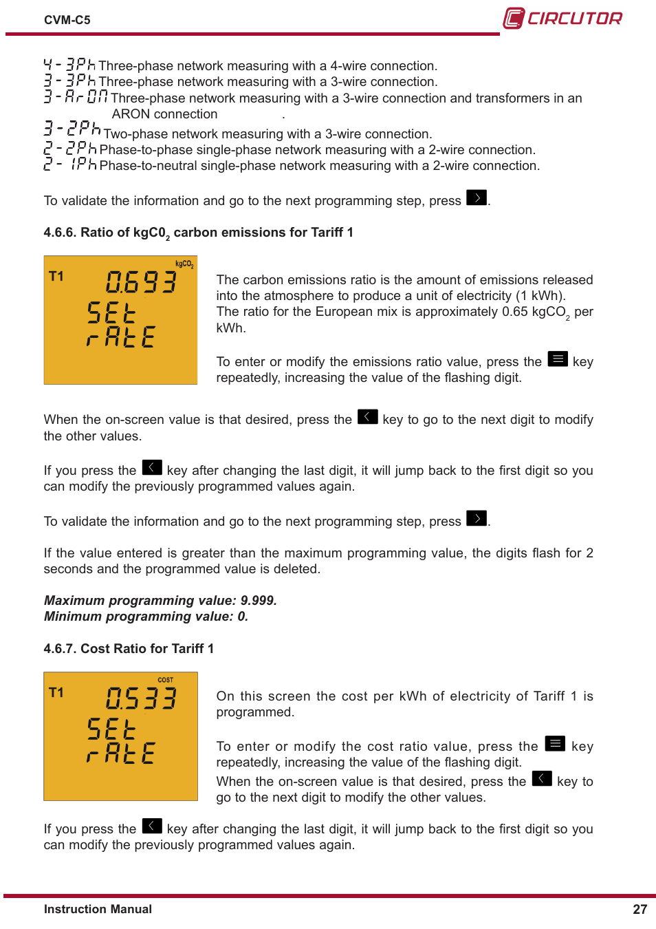 Cost ratio for tariff 1, Ratio of kgc02 carbon emissions for tariff 1, 4�6�6� ratio of kgc0 | CIRCUTOR CVM-C5 Series User Manual | Page 27 / 40