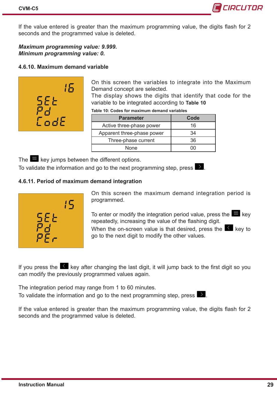 Maximum demand variable, Period of maximum demand integration | CIRCUTOR CVM-C5 Series User Manual | Page 29 / 40