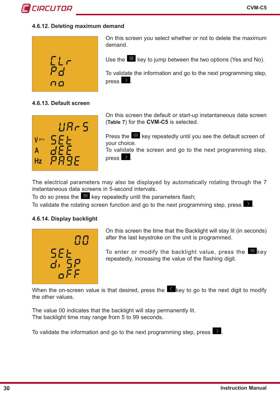 Default screen, Deleting maximum demand, Display backlight | CIRCUTOR CVM-C5 Series User Manual | Page 30 / 40