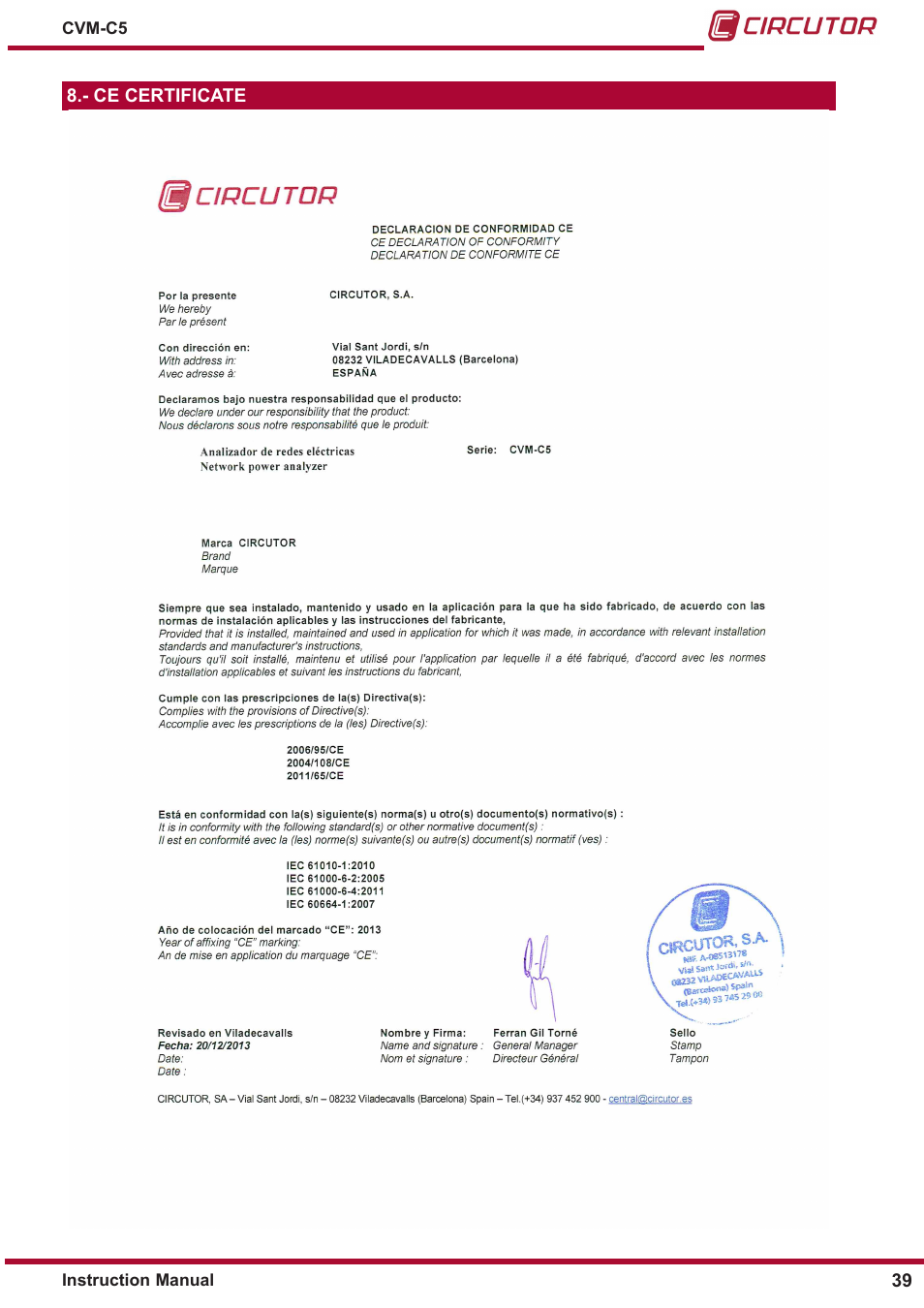 Ce certificate | CIRCUTOR CVM-C5 Series User Manual | Page 39 / 40