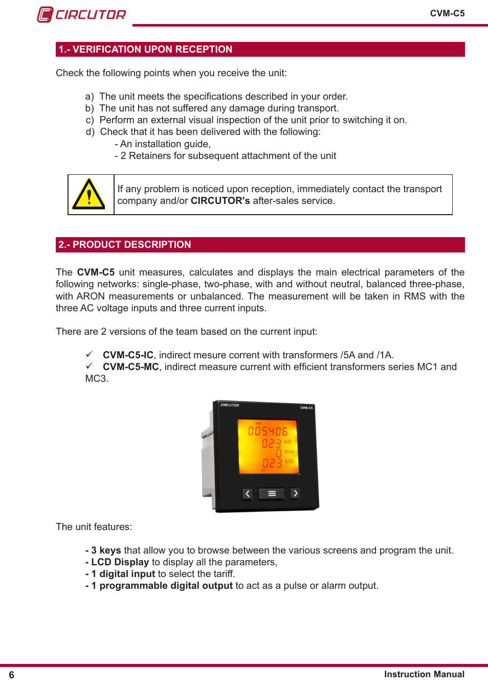 Verification upon reception, Product description | CIRCUTOR CVM-C5 Series User Manual | Page 6 / 40