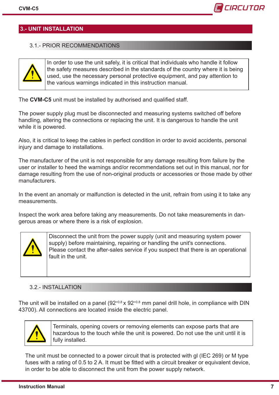 Unit installation, Prior recommendations, Installation | CIRCUTOR CVM-C5 Series User Manual | Page 7 / 40