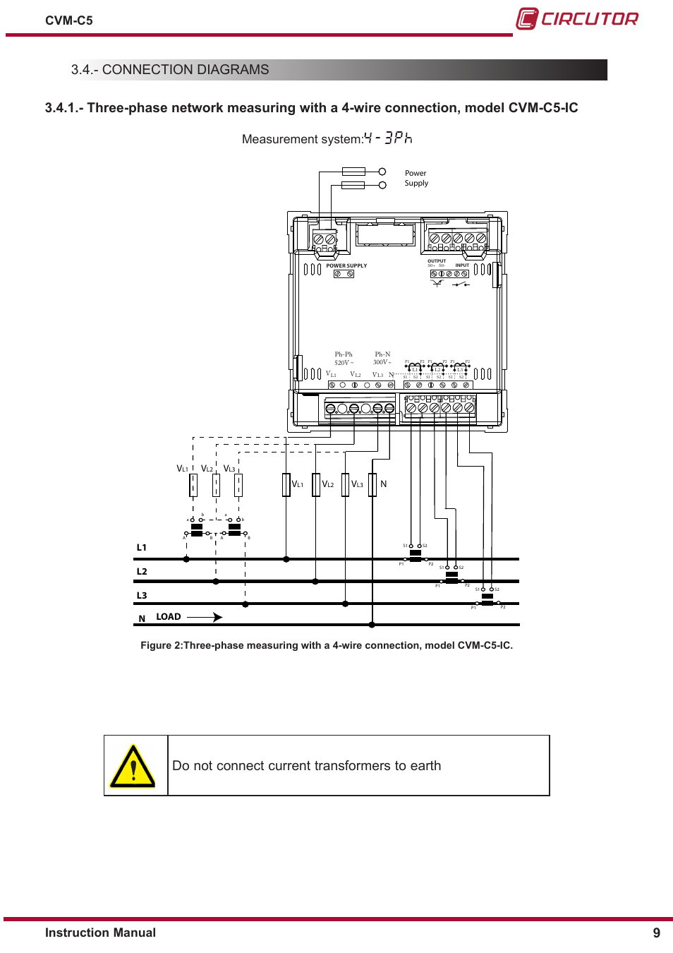 Connection diagrams, Do not connect current transformers to earth 9, Measurement system | Instruction manual cvm-c5, L1 l2 l3, Nload | CIRCUTOR CVM-C5 Series User Manual | Page 9 / 40