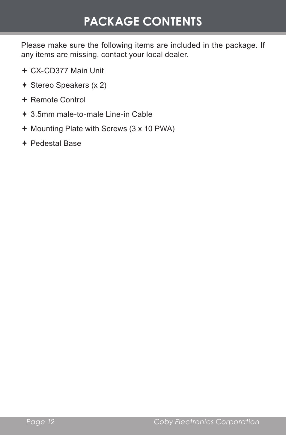 Package contents | COBY electronic CX-CD377 User Manual | Page 12 / 28