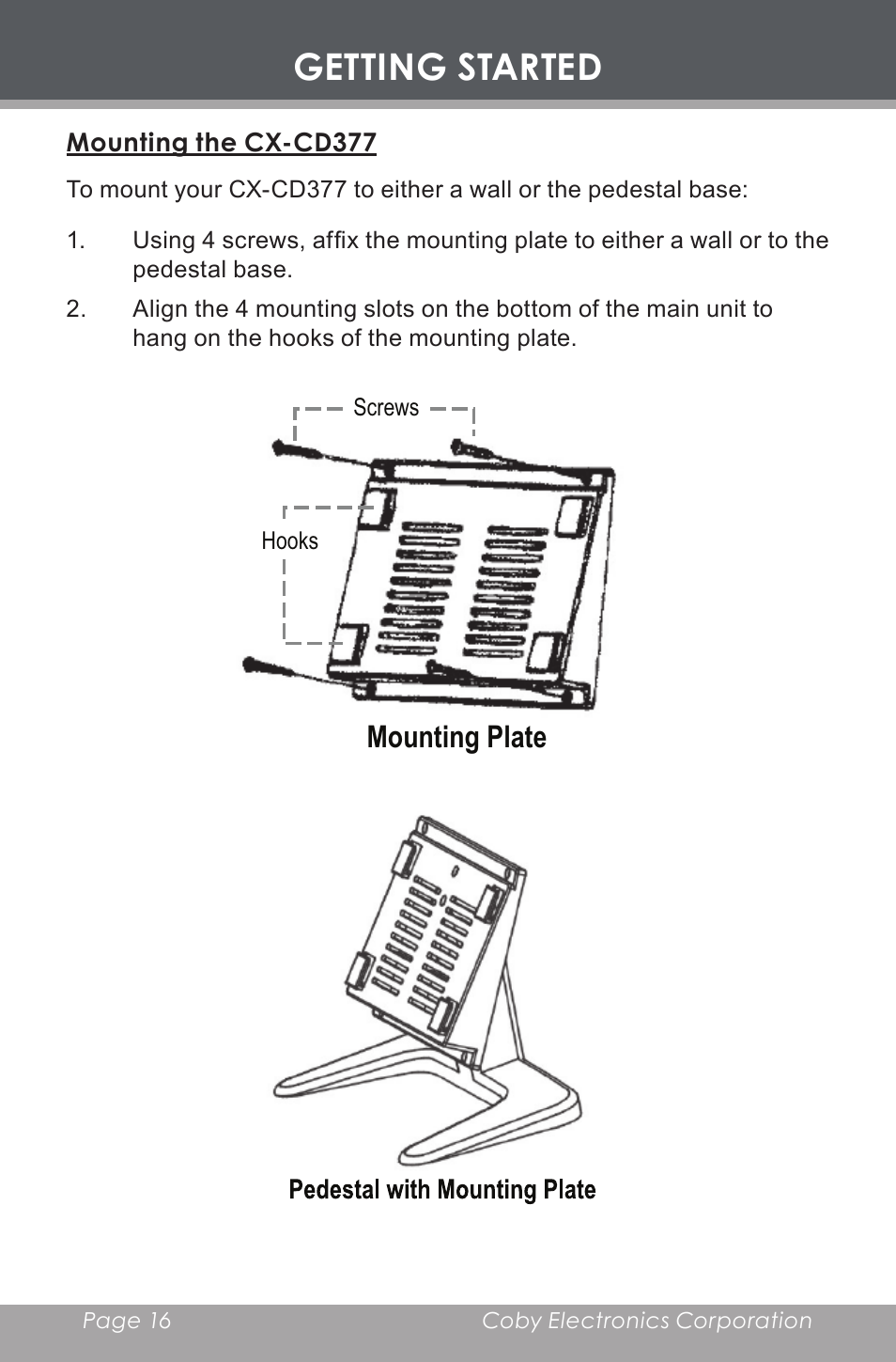 Mounting the cx-cd377, Getting started, Mounting plate | COBY electronic CX-CD377 User Manual | Page 16 / 28