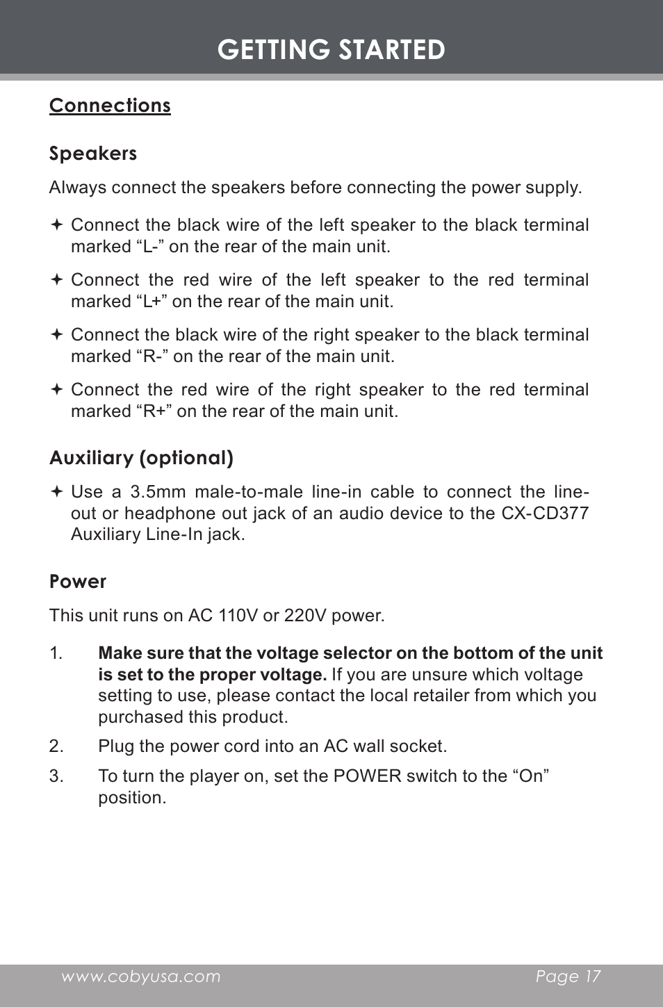 Connections, Speakers, Auxiliary (optional) | Power, Getting started | COBY electronic CX-CD377 User Manual | Page 17 / 28