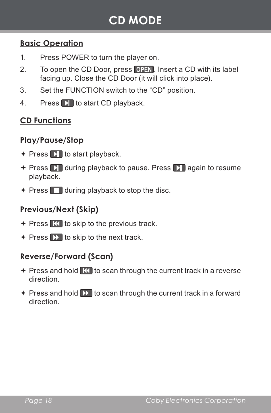 Cd mode, Basic operation, Cd functions | Play/pause/stop, Previous/next (skip), Reverse/forward (scan) | COBY electronic CX-CD377 User Manual | Page 18 / 28
