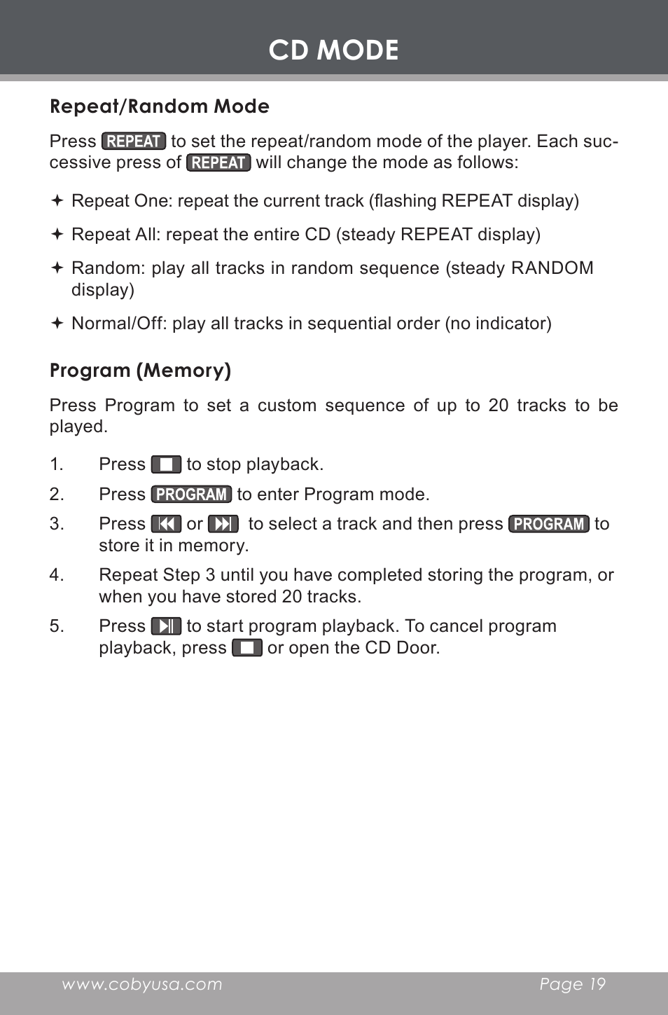 Repeat/random mode, Program (memory), Cd mode | COBY electronic CX-CD377 User Manual | Page 19 / 28