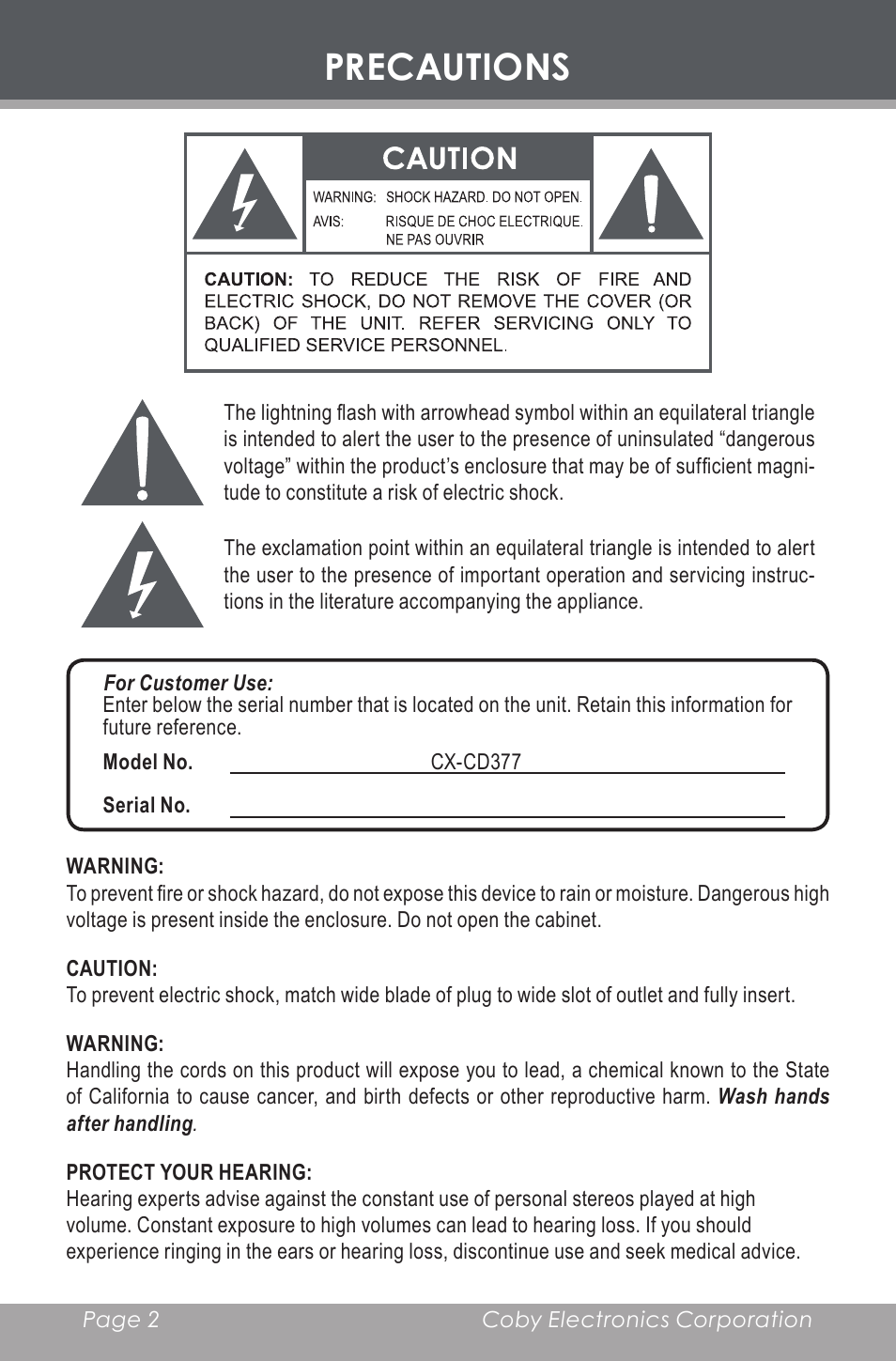 Precautions | COBY electronic CX-CD377 User Manual | Page 2 / 28