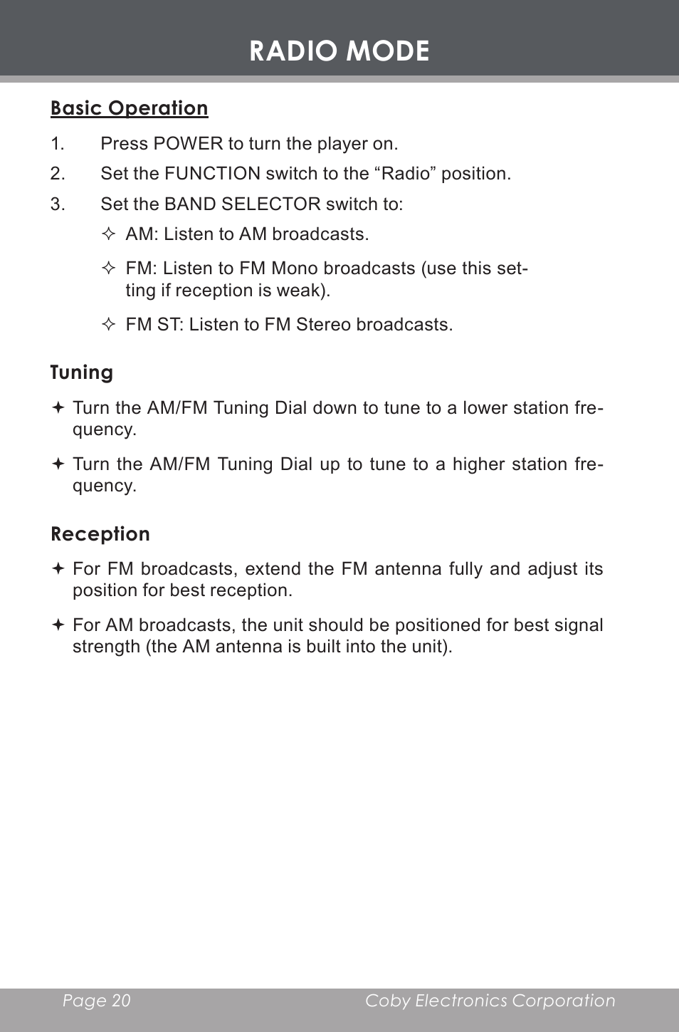 Radio mode, Basic operation, Tuning | Reception | COBY electronic CX-CD377 User Manual | Page 20 / 28