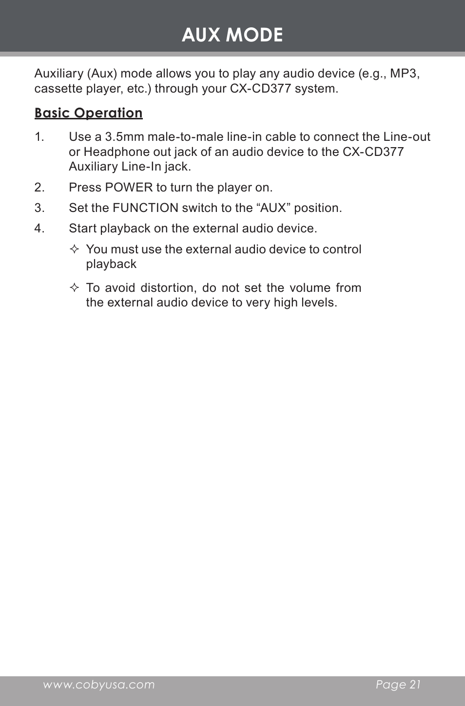 Aux mode, Basic operation | COBY electronic CX-CD377 User Manual | Page 21 / 28