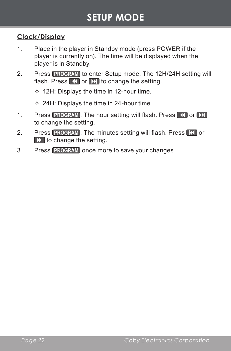 Setup mode, Clock/display | COBY electronic CX-CD377 User Manual | Page 22 / 28