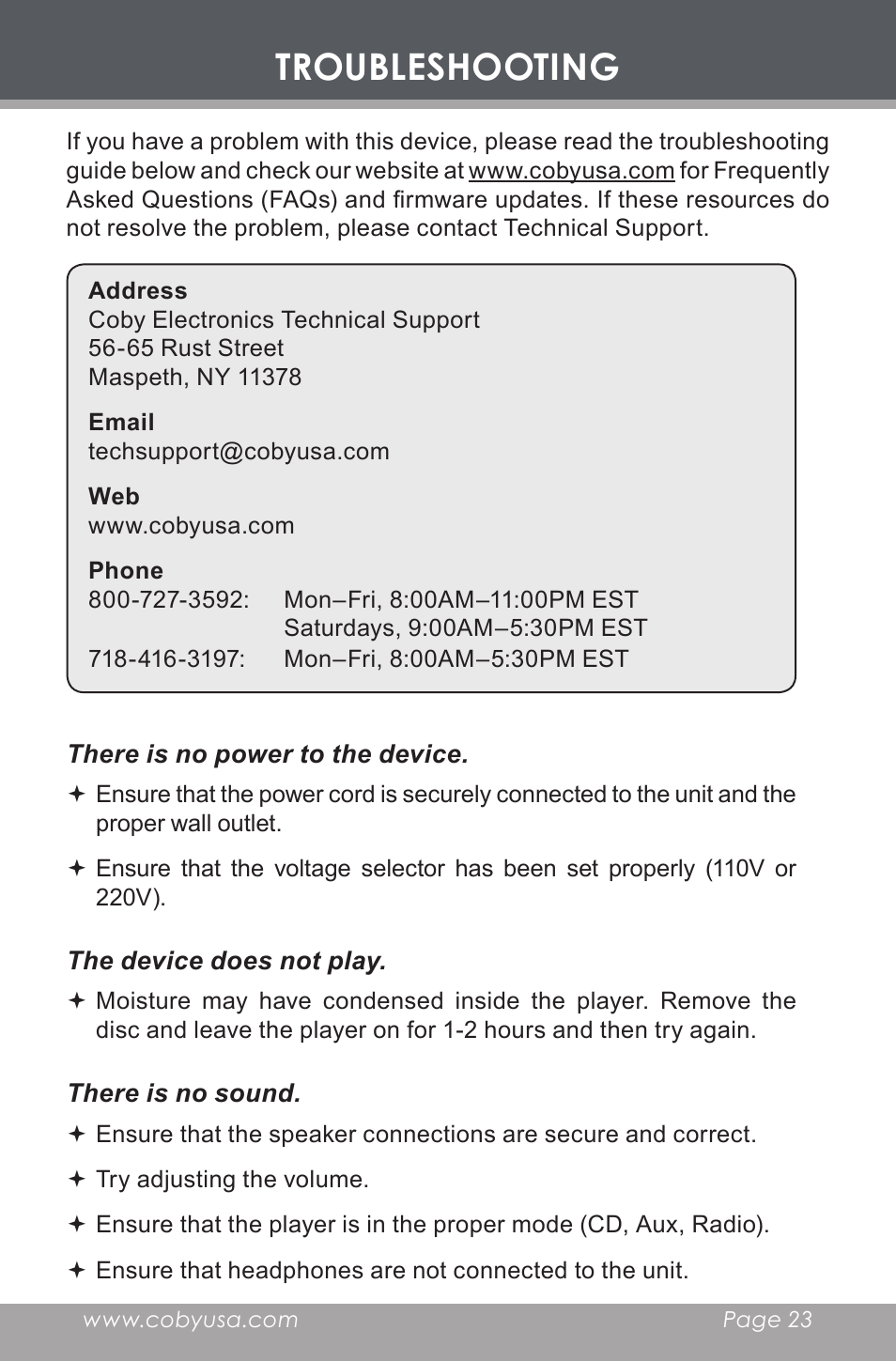 Troubleshooting | COBY electronic CX-CD377 User Manual | Page 23 / 28