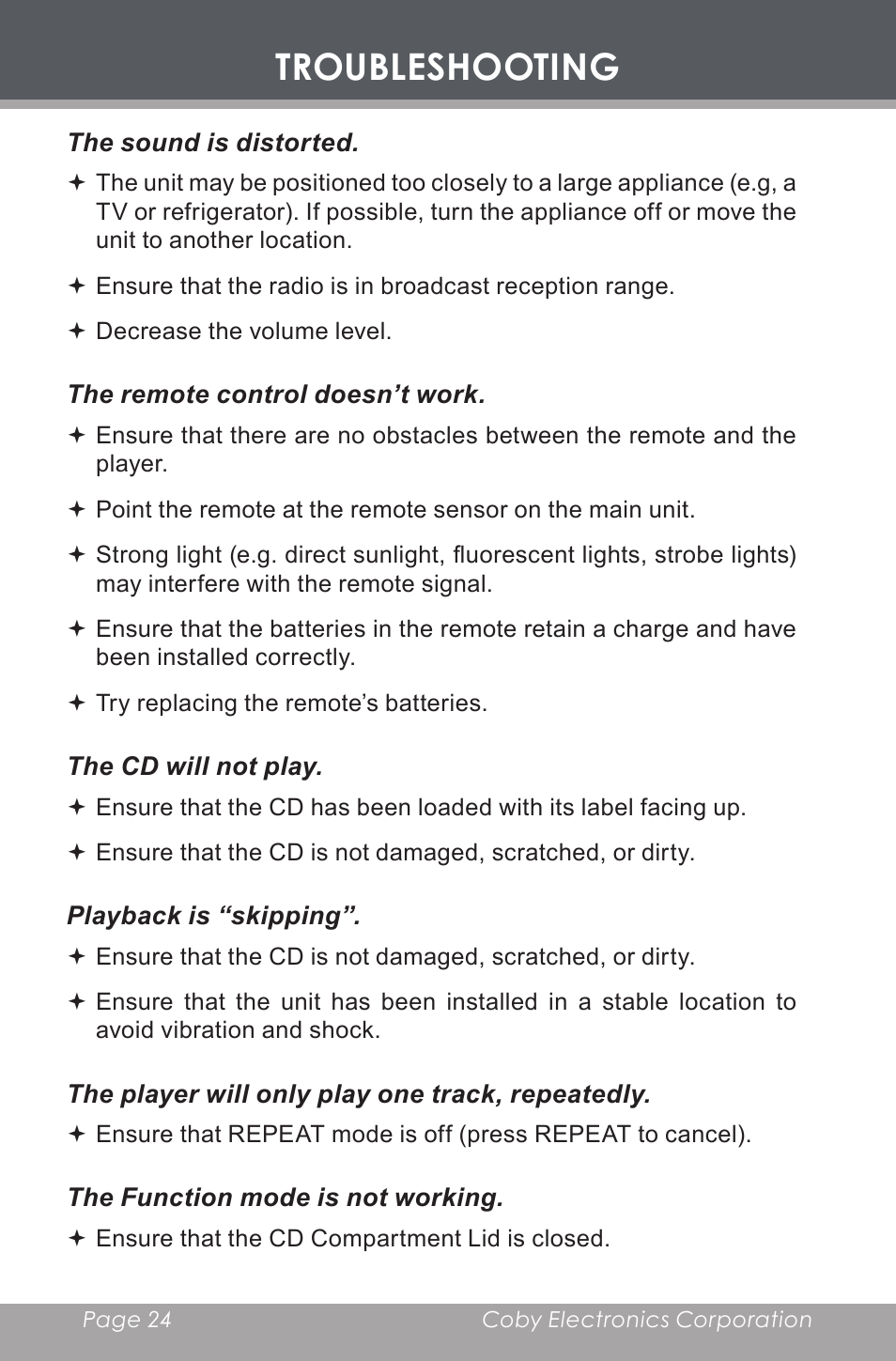 Troubleshooting | COBY electronic CX-CD377 User Manual | Page 24 / 28