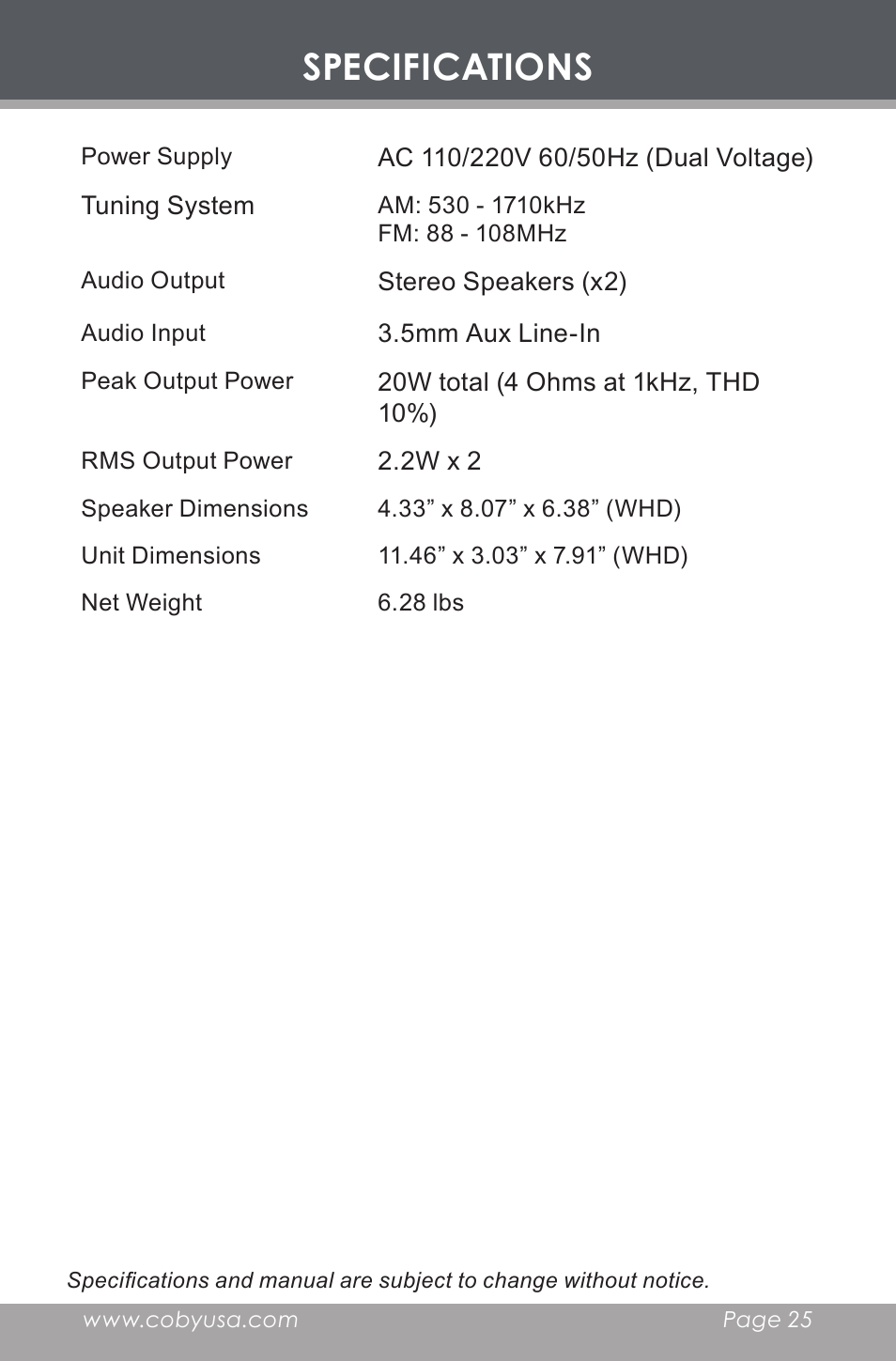 Specifications | COBY electronic CX-CD377 User Manual | Page 25 / 28