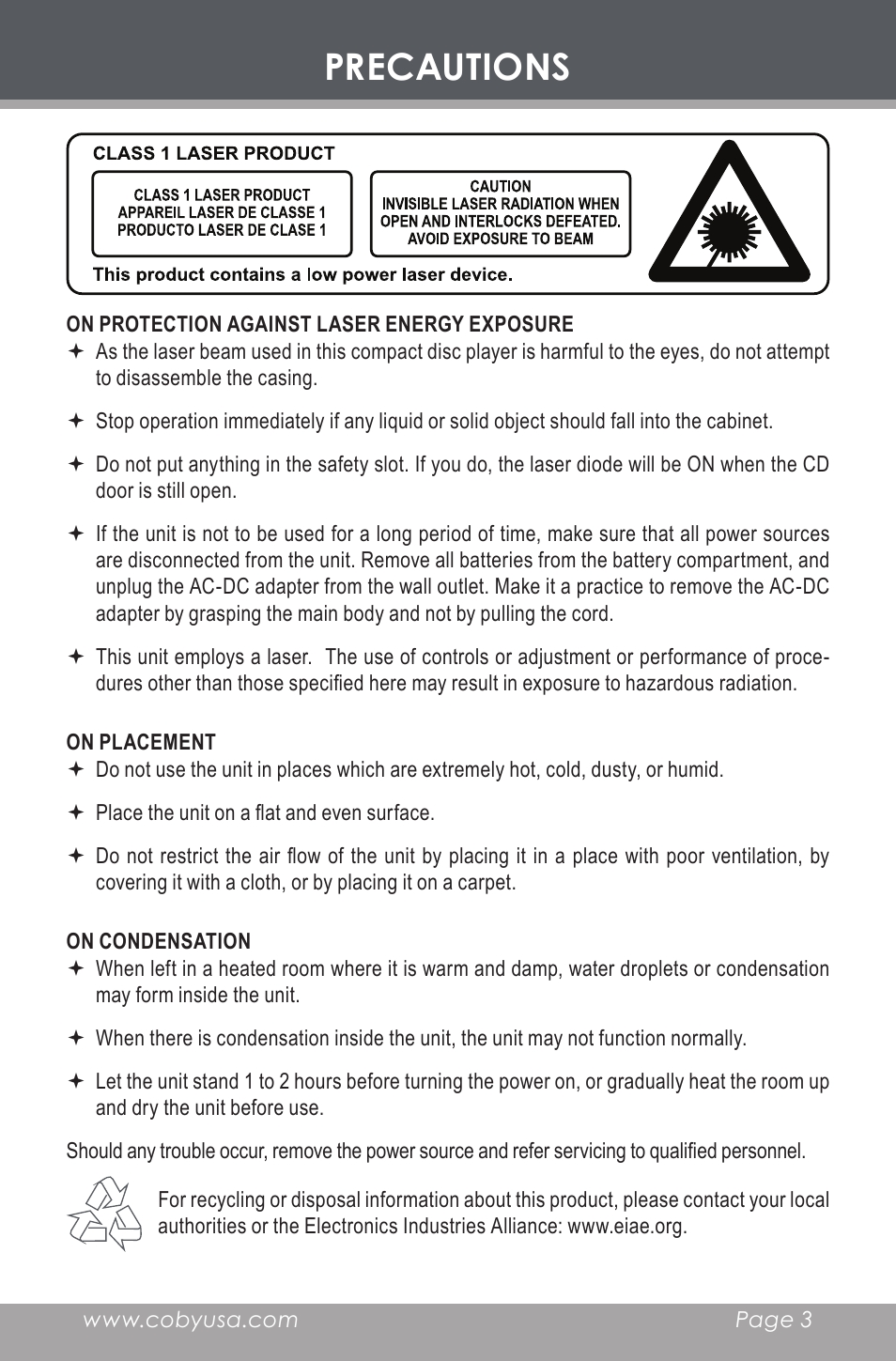 Precautions | COBY electronic CX-CD377 User Manual | Page 3 / 28