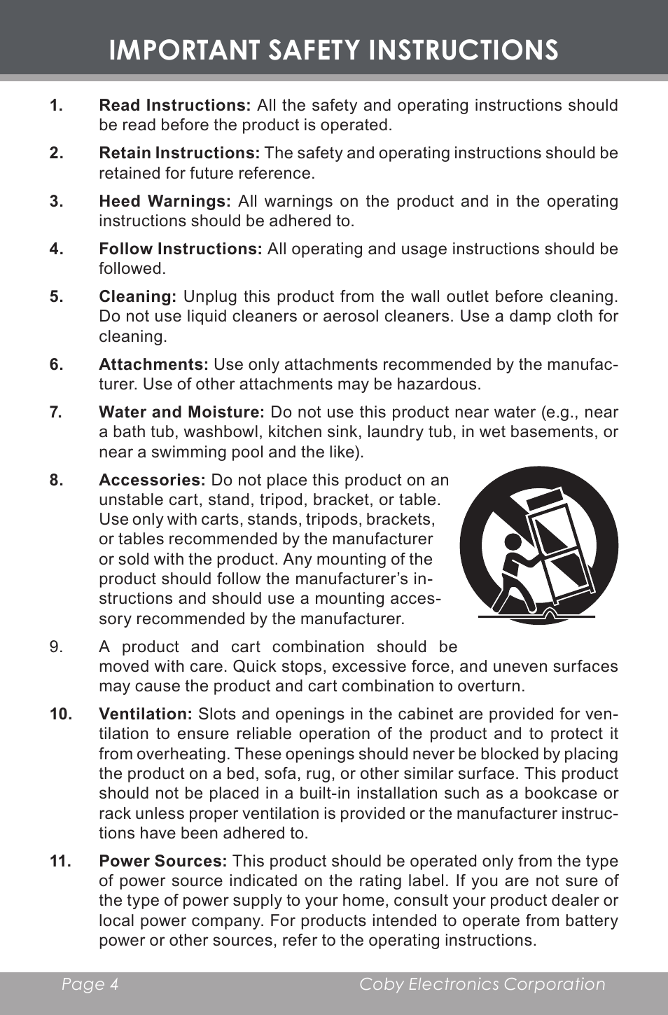 Important safety instructions | COBY electronic CX-CD377 User Manual | Page 4 / 28