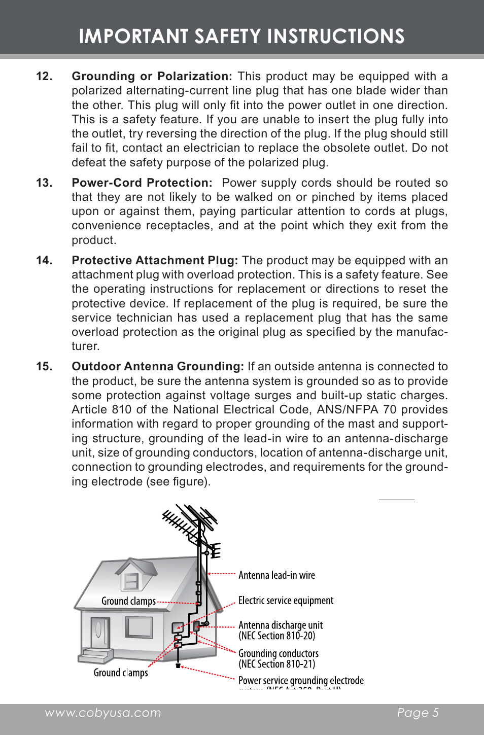 Important safety instructions | COBY electronic CX-CD377 User Manual | Page 5 / 28