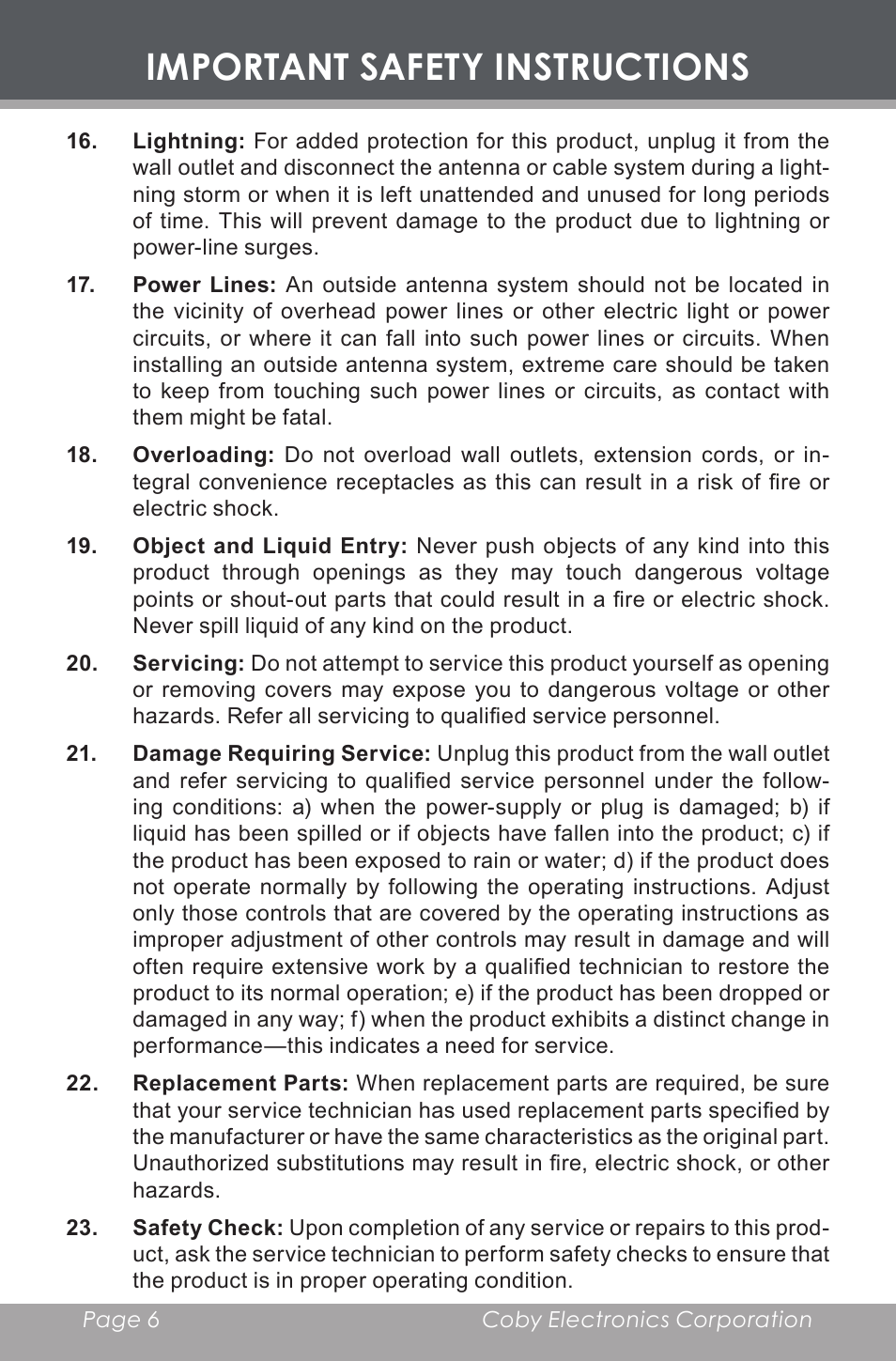 Important safety instructions | COBY electronic CX-CD377 User Manual | Page 6 / 28