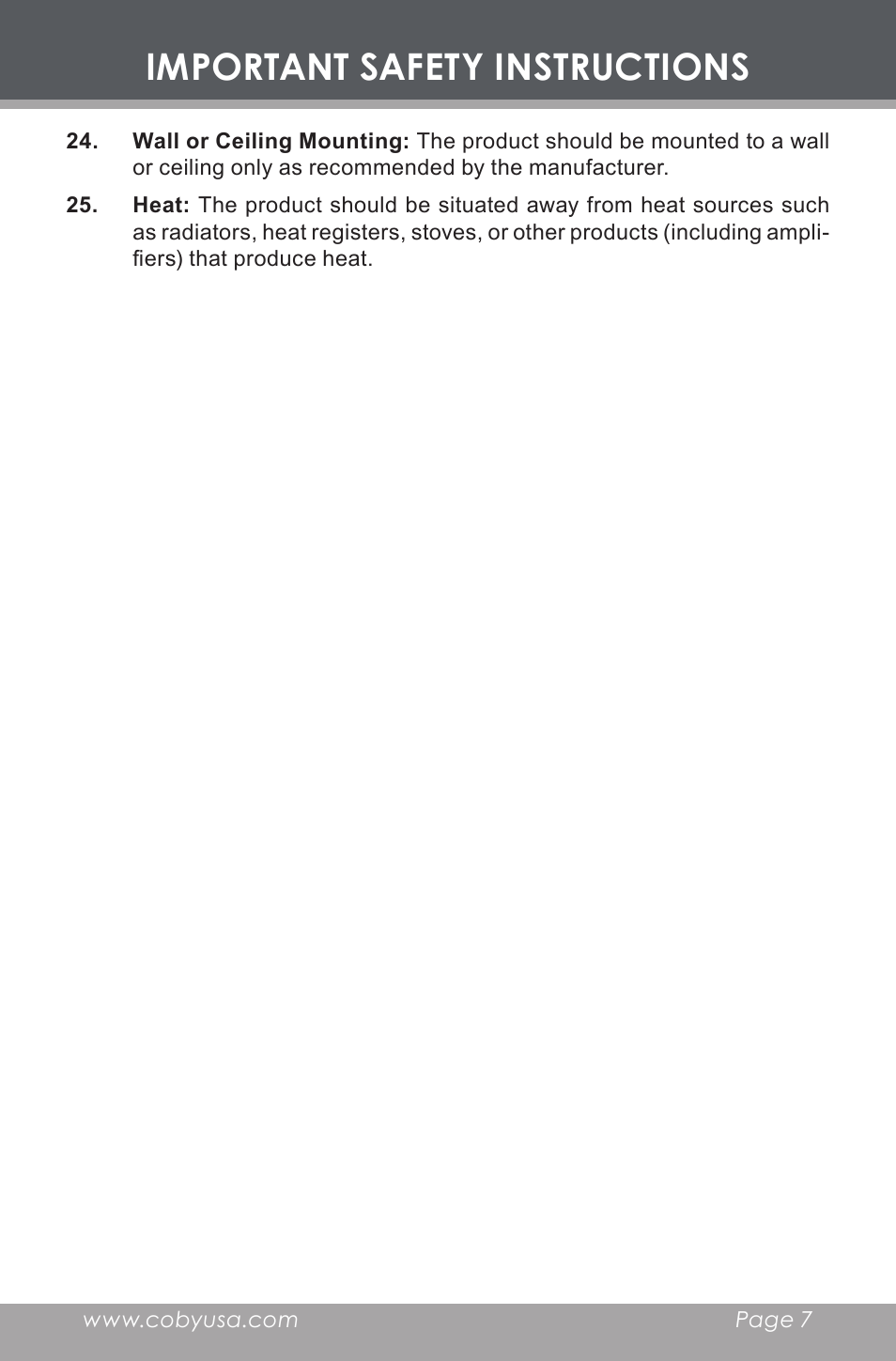 Important safety instructions | COBY electronic CX-CD377 User Manual | Page 7 / 28