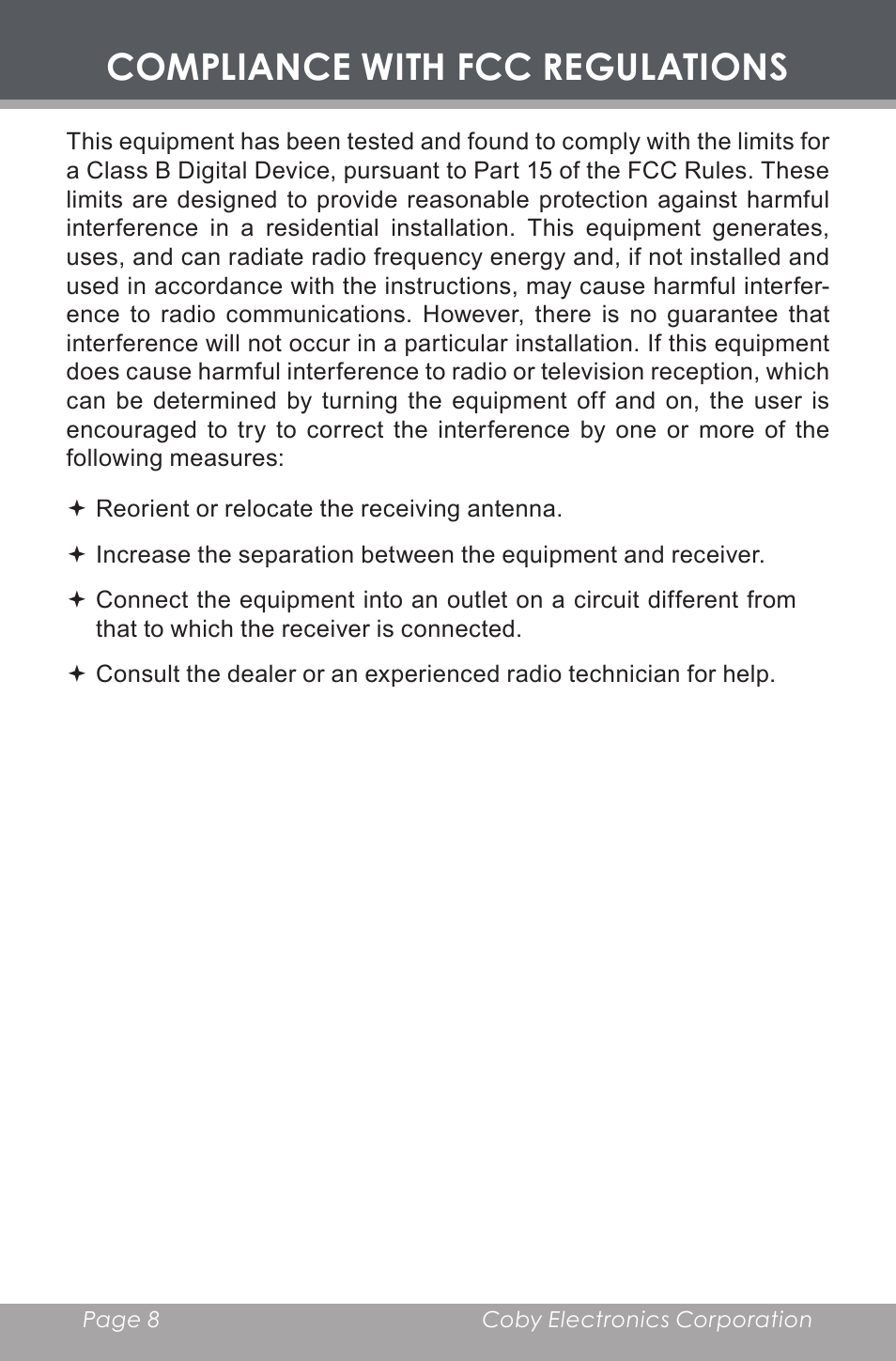 Compliance with fcc regulations | COBY electronic CX-CD377 User Manual | Page 8 / 28