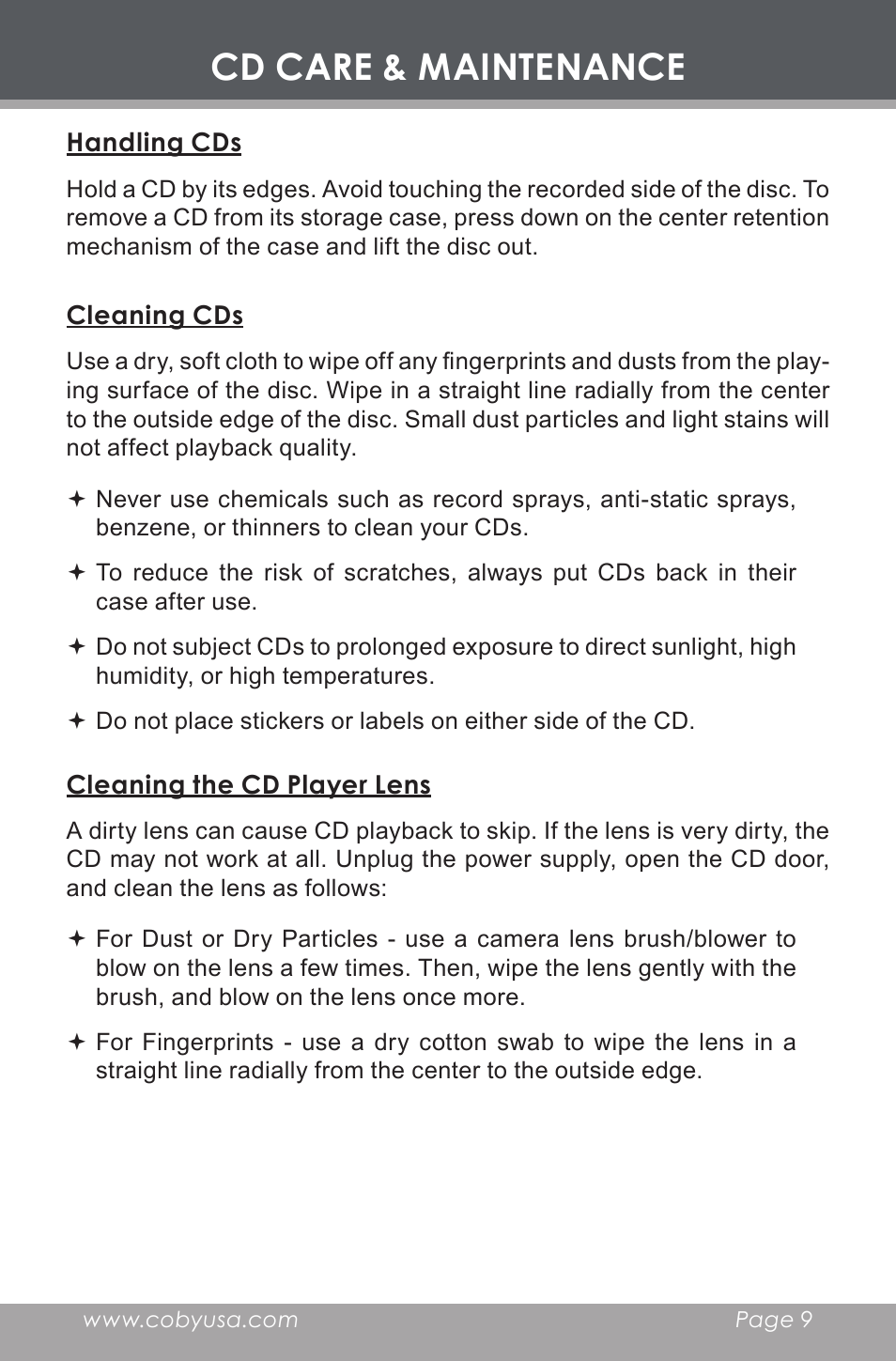 Cd care & maintenance, Handling cds, Cleaning cds | Cleaning the cd player lens | COBY electronic CX-CD377 User Manual | Page 9 / 28