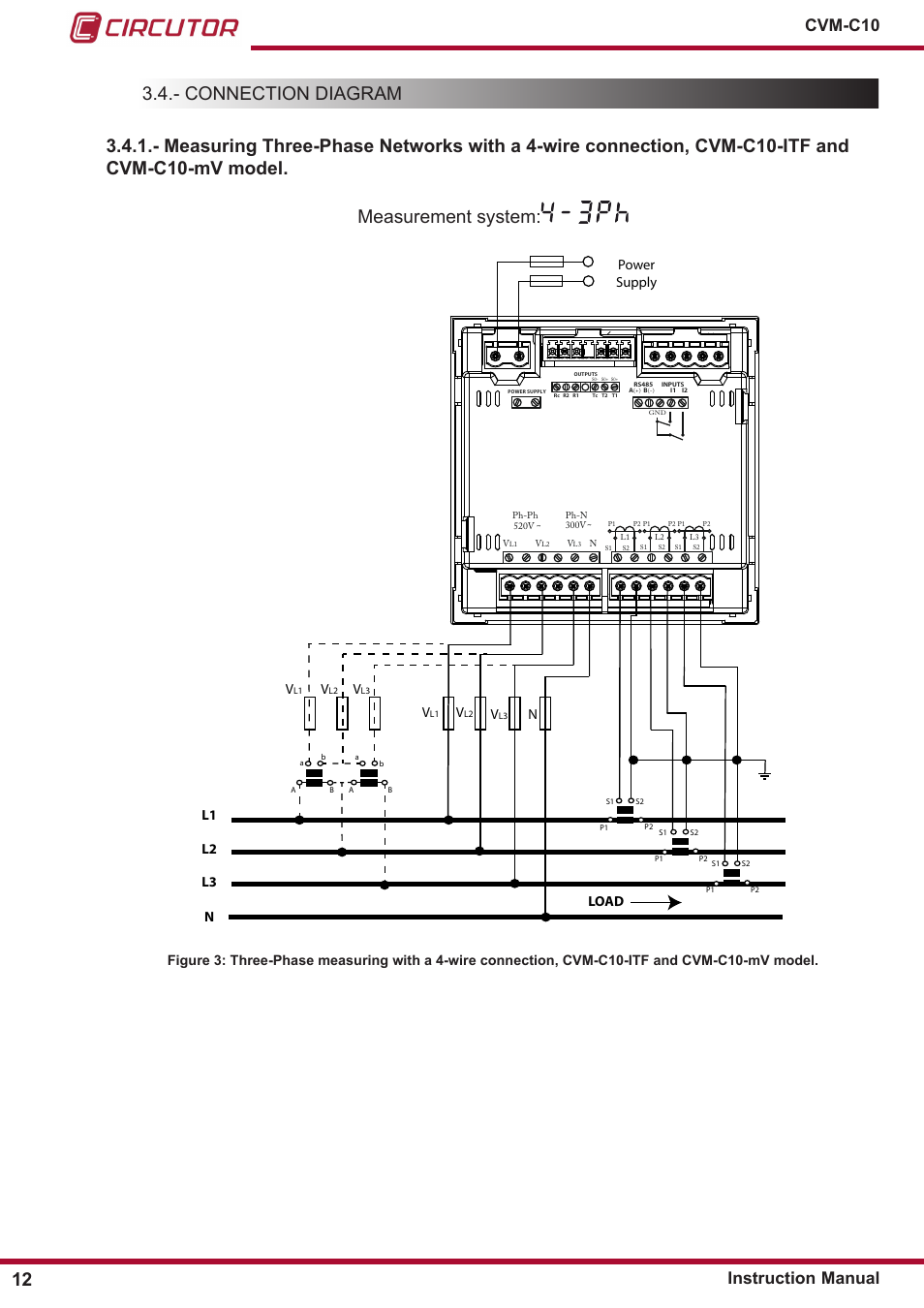 Connection diagram, Cvm-c10-mv model, Cvm-c10 instruction manual | Power supply v, Nl1 l2 l3 n | CIRCUTOR CVM-C10 Series User Manual | Page 12 / 82