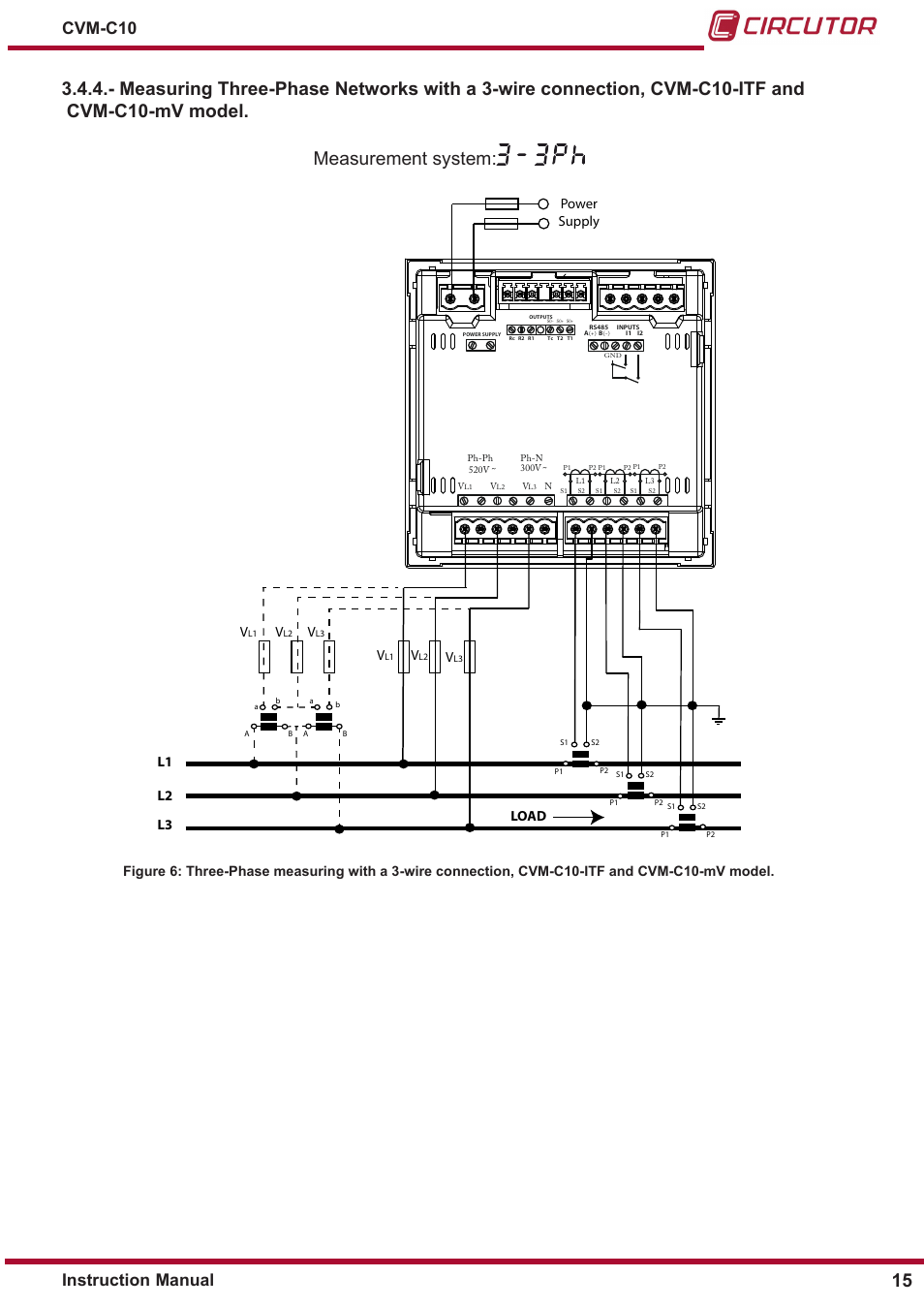 Cvm-c10-mv model, Instruction manual cvm-c10, Power supply v | L1 l2 l3 | CIRCUTOR CVM-C10 Series User Manual | Page 15 / 82