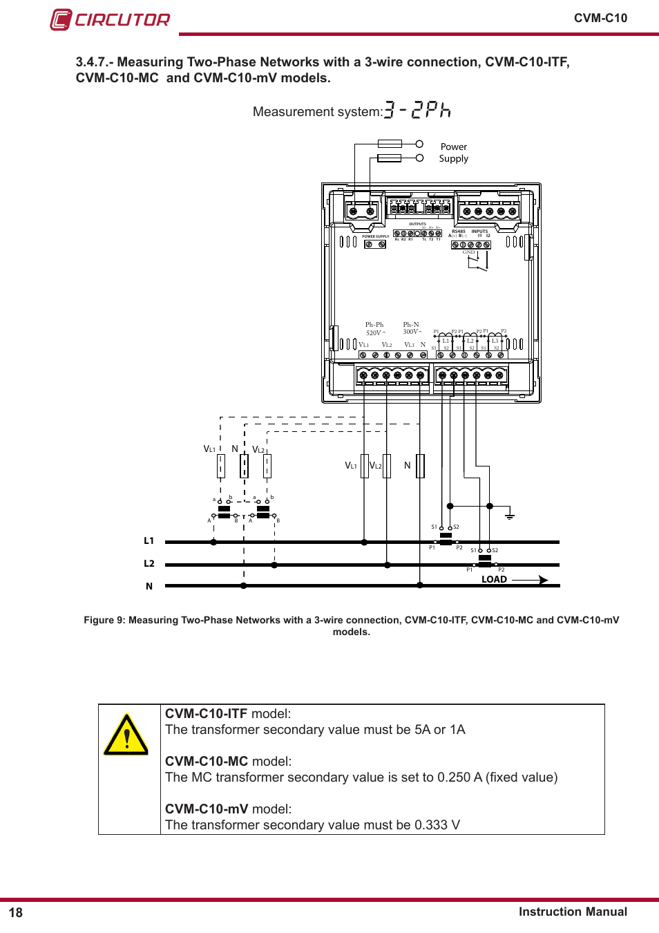 Cvm-c10 instruction manual, Power supply v, Nl1 l2 n | CIRCUTOR CVM-C10 Series User Manual | Page 18 / 82