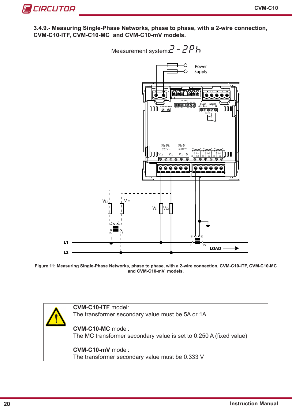 Cvm-c10 instruction manual, Power supply v, L1 l2 | CIRCUTOR CVM-C10 Series User Manual | Page 20 / 82