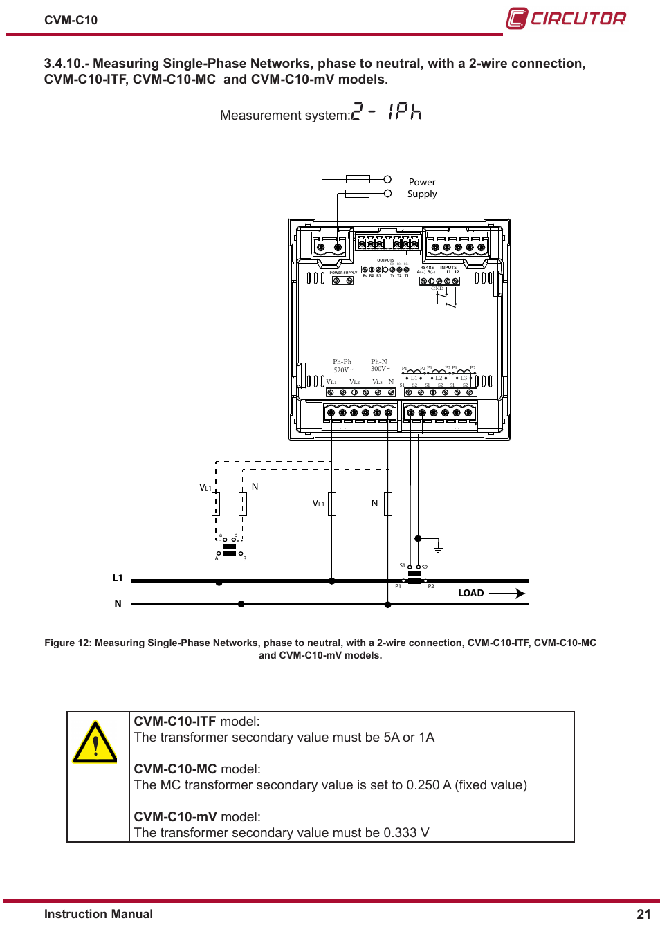 Instruction manual cvm-c10, Power supply v, Nl1 n | CIRCUTOR CVM-C10 Series User Manual | Page 21 / 82