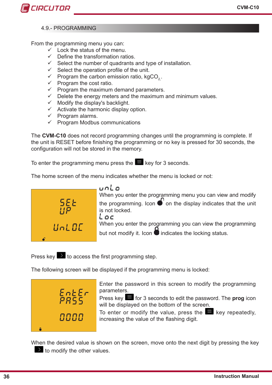 Programming | CIRCUTOR CVM-C10 Series User Manual | Page 36 / 82