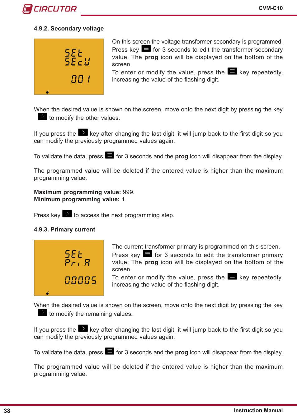 Secondary voltage, Primary current | CIRCUTOR CVM-C10 Series User Manual | Page 38 / 82