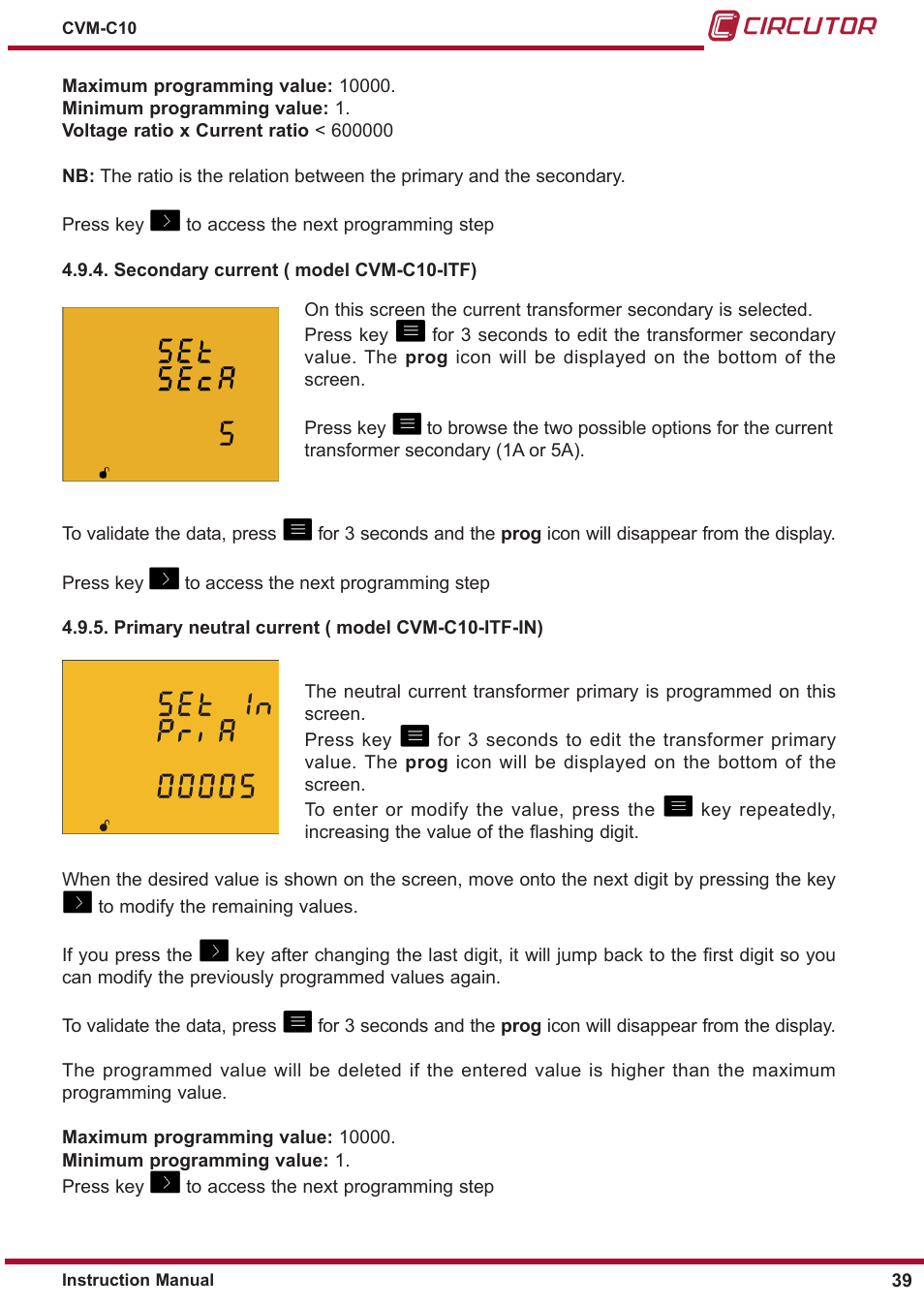 Secondary current ( model cvm-c10-itf), Primary neutral current ( model cvm-c10-itf-in) | CIRCUTOR CVM-C10 Series User Manual | Page 39 / 82
