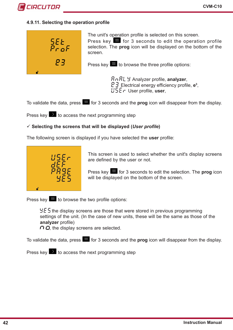 Selecting the operation profile, Selecting the op, Eration profile | CIRCUTOR CVM-C10 Series User Manual | Page 42 / 82