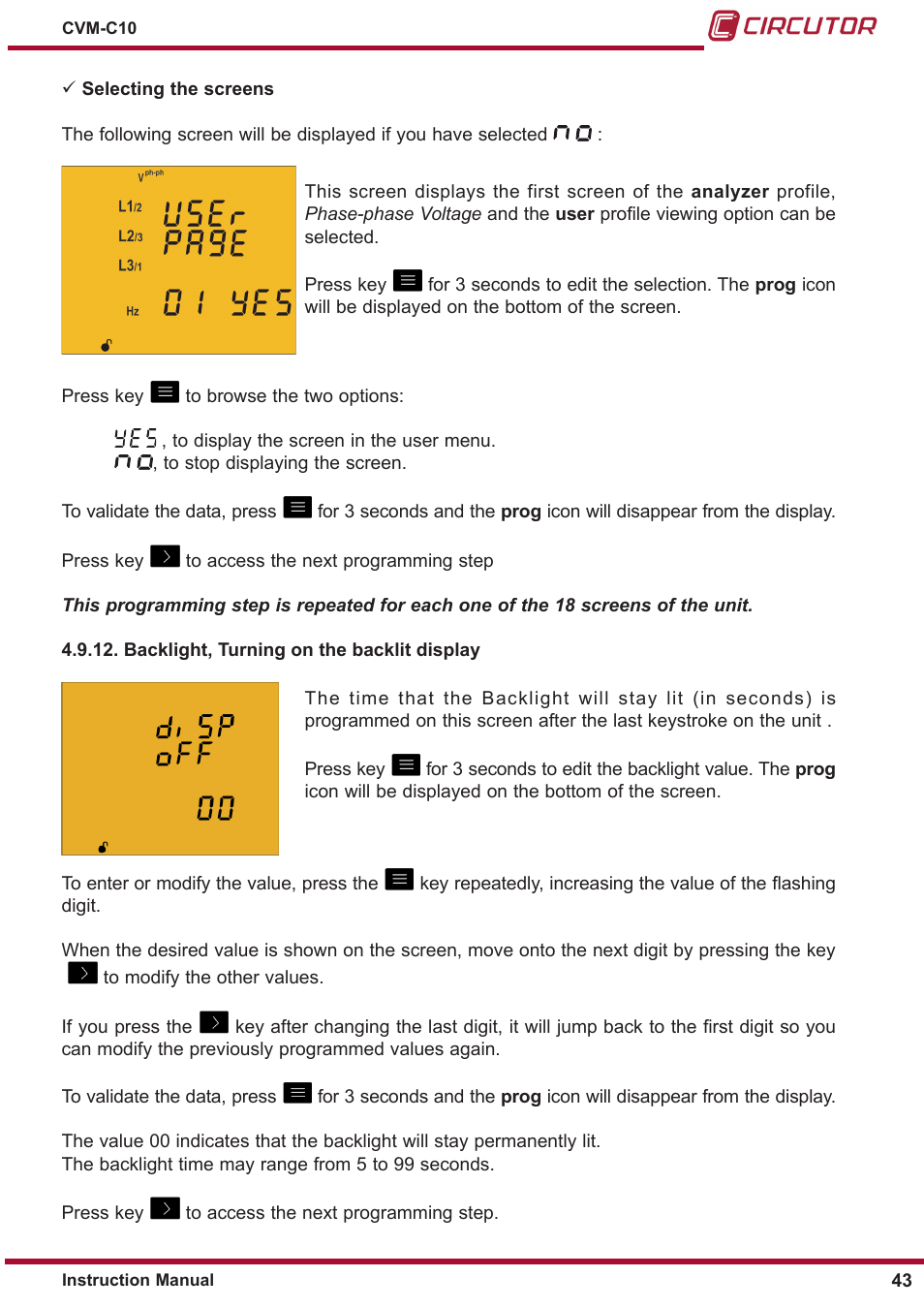 Backlight, turning on the backlit display | CIRCUTOR CVM-C10 Series User Manual | Page 43 / 82