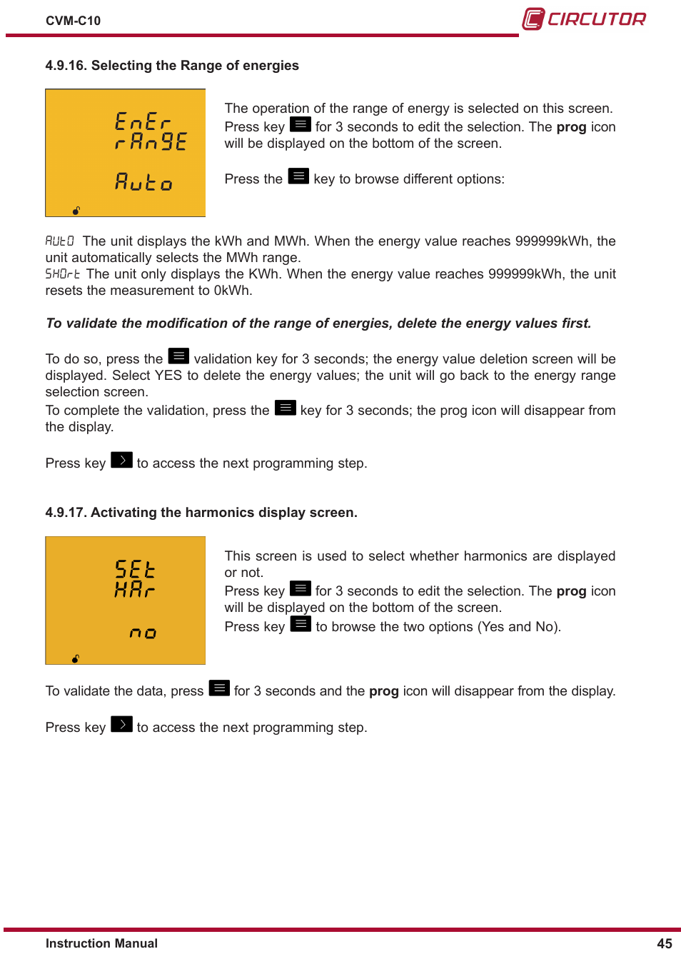 Activating the harmonics display screen, Selecting the range of energies, Activating the har | Monics display screen | CIRCUTOR CVM-C10 Series User Manual | Page 45 / 82