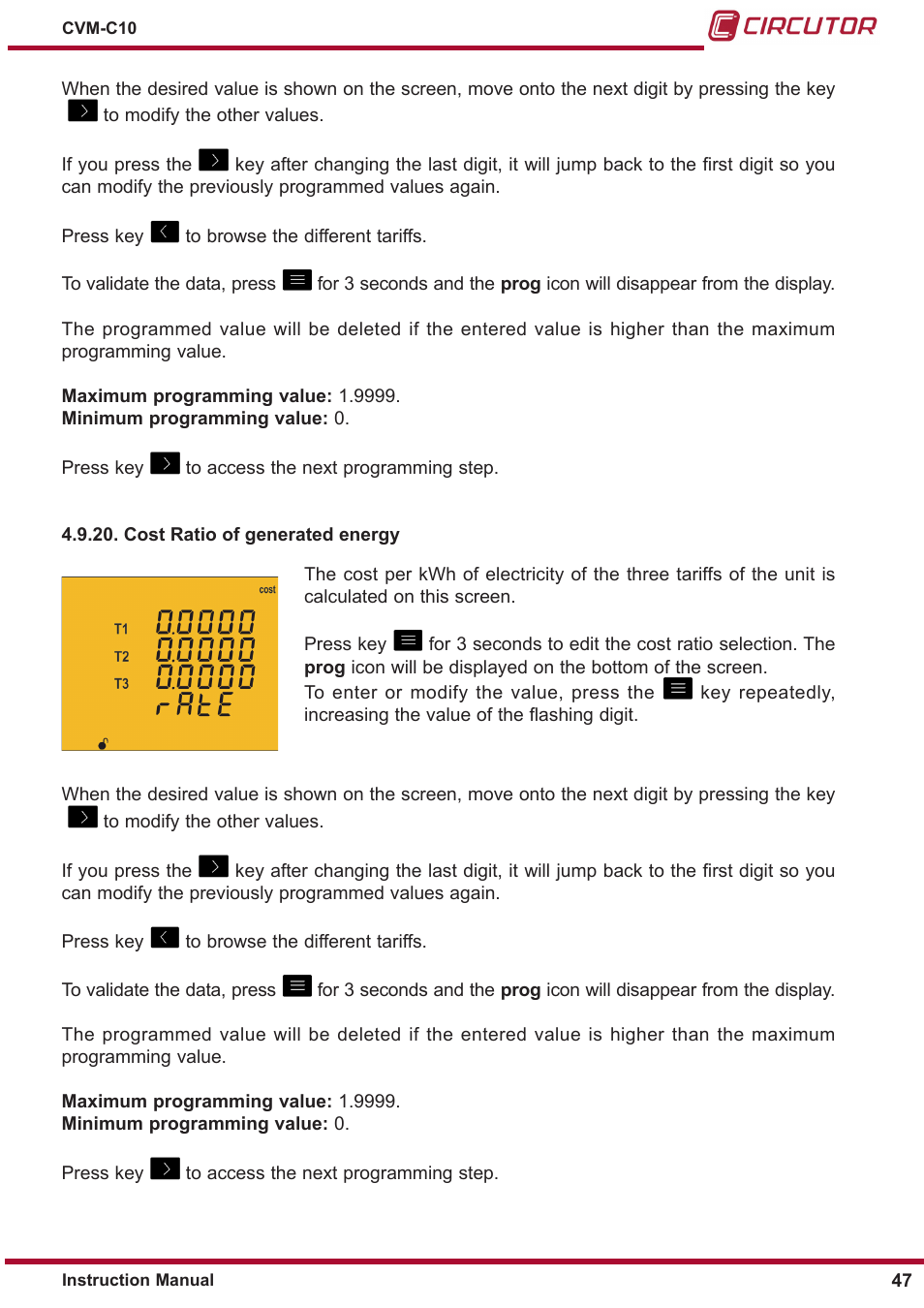 Cost ratio of generated energy | CIRCUTOR CVM-C10 Series User Manual | Page 47 / 82