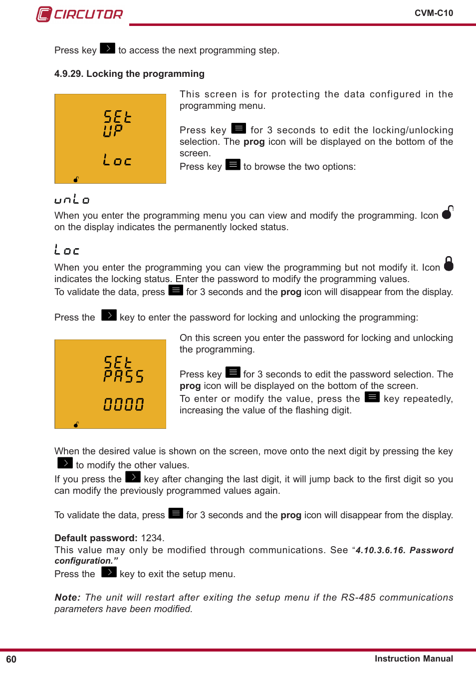 Locking the programming | CIRCUTOR CVM-C10 Series User Manual | Page 60 / 82