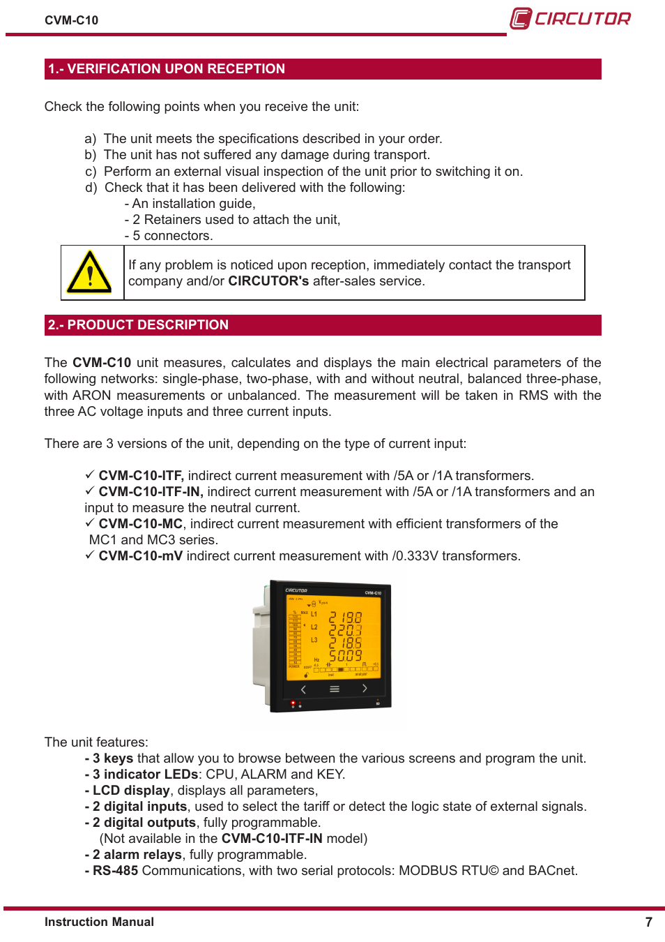 Verification upon reception, Product description | CIRCUTOR CVM-C10 Series User Manual | Page 7 / 82