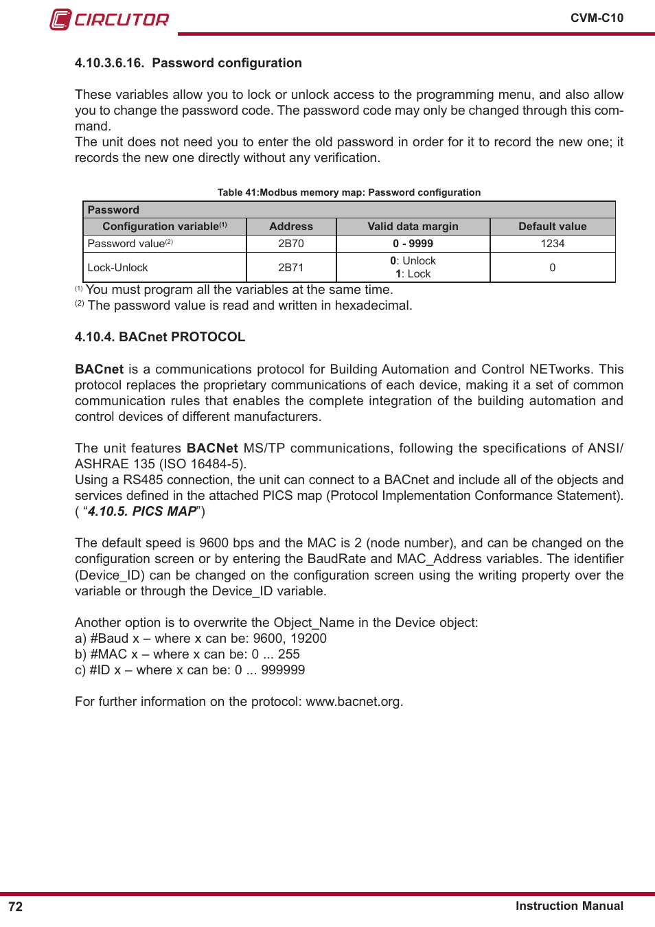 Bacnet protocol | CIRCUTOR CVM-C10 Series User Manual | Page 72 / 82