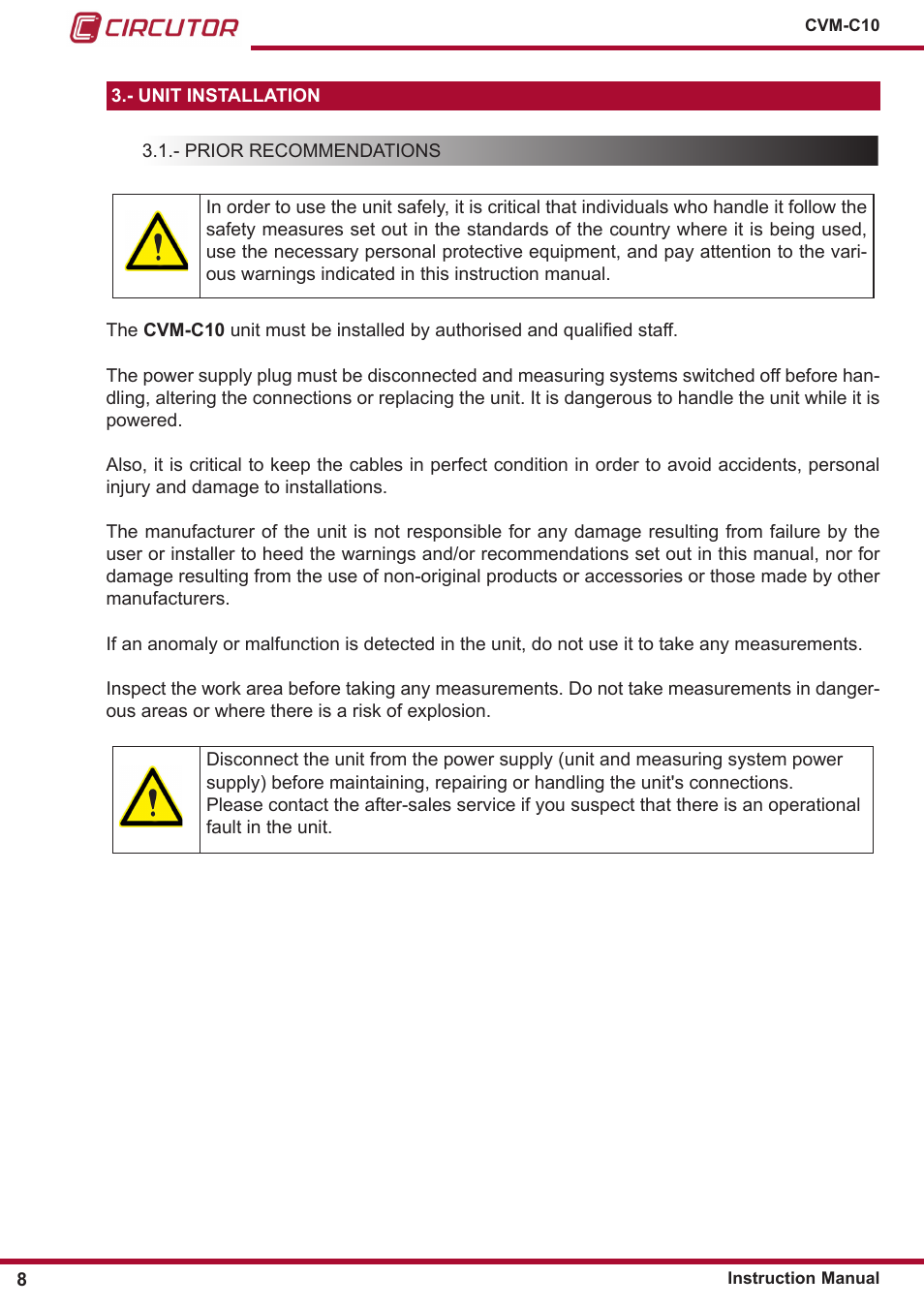 Unit installation, Prior recommendations | CIRCUTOR CVM-C10 Series User Manual | Page 8 / 82