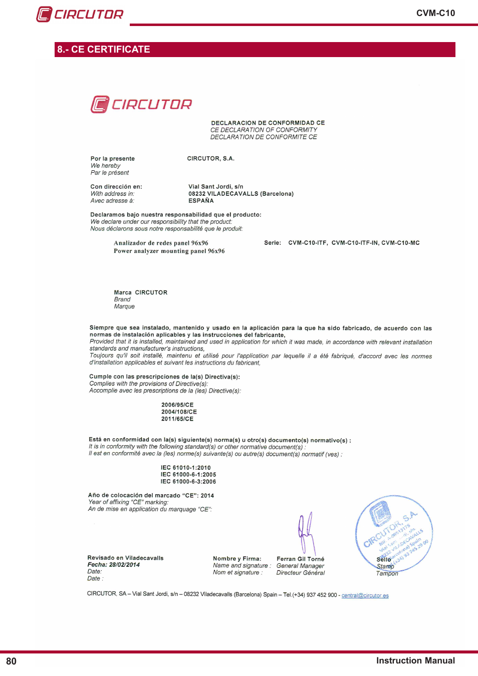 Ce certificate | CIRCUTOR CVM-C10 Series User Manual | Page 80 / 82